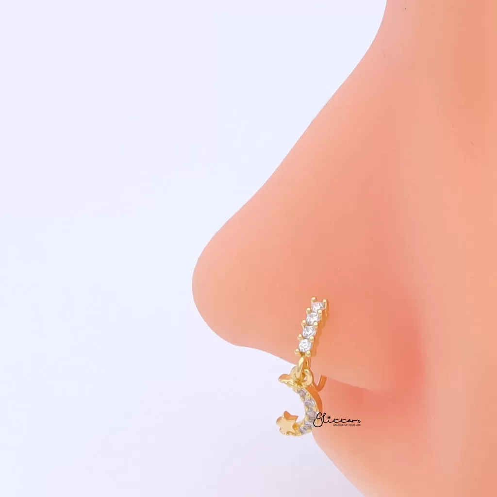 CZ Hoop Nose Ring with Dangle Crescent Moon and Star - Gold