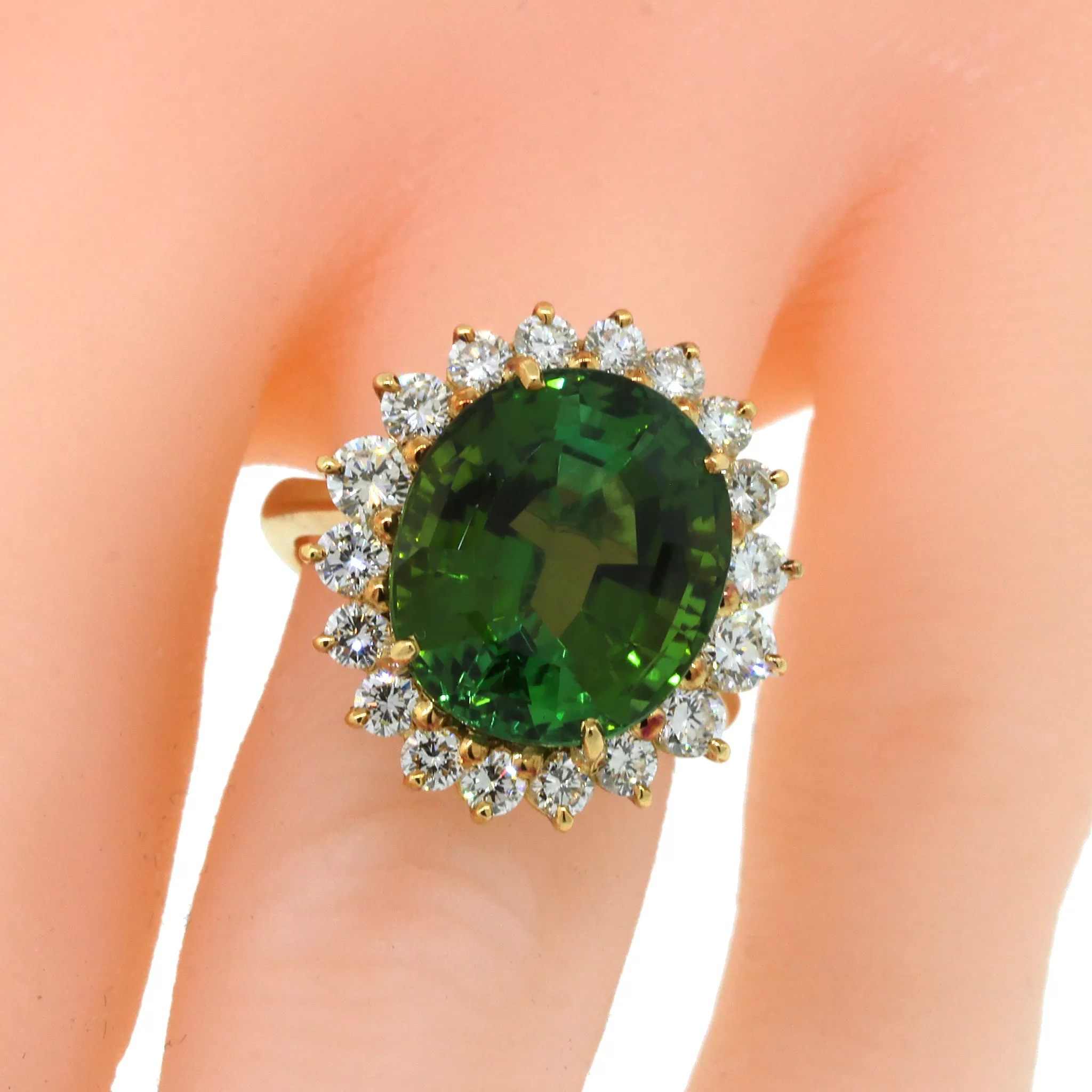 Dazzling Green Tourmaline Ring Nested in Diamonds