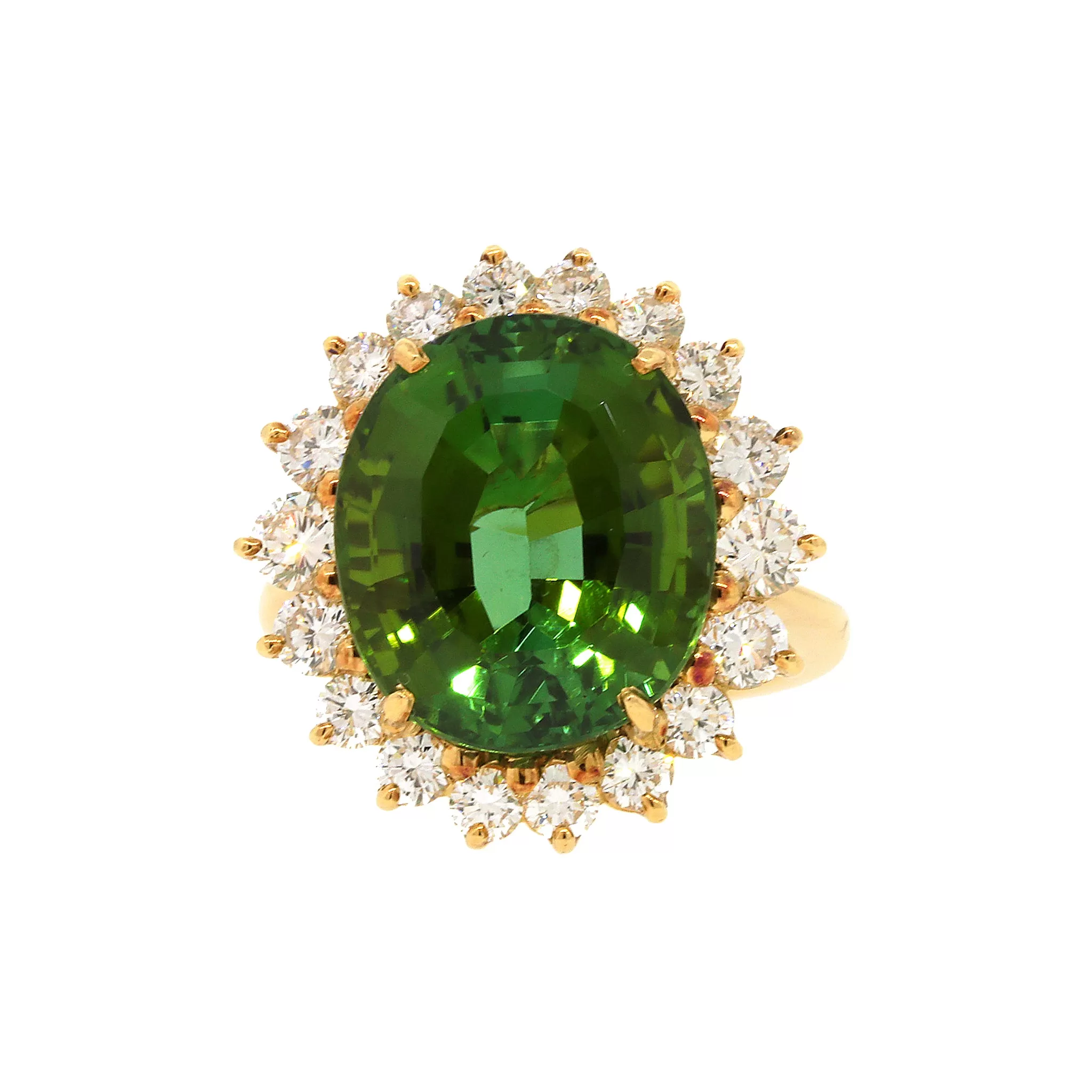 Dazzling Green Tourmaline Ring Nested in Diamonds