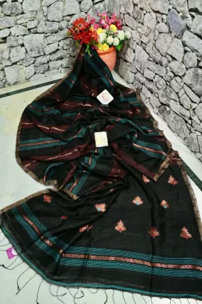 Deep Black Color Matka Saree with Copper Zari Work and Kantha Style Weaving