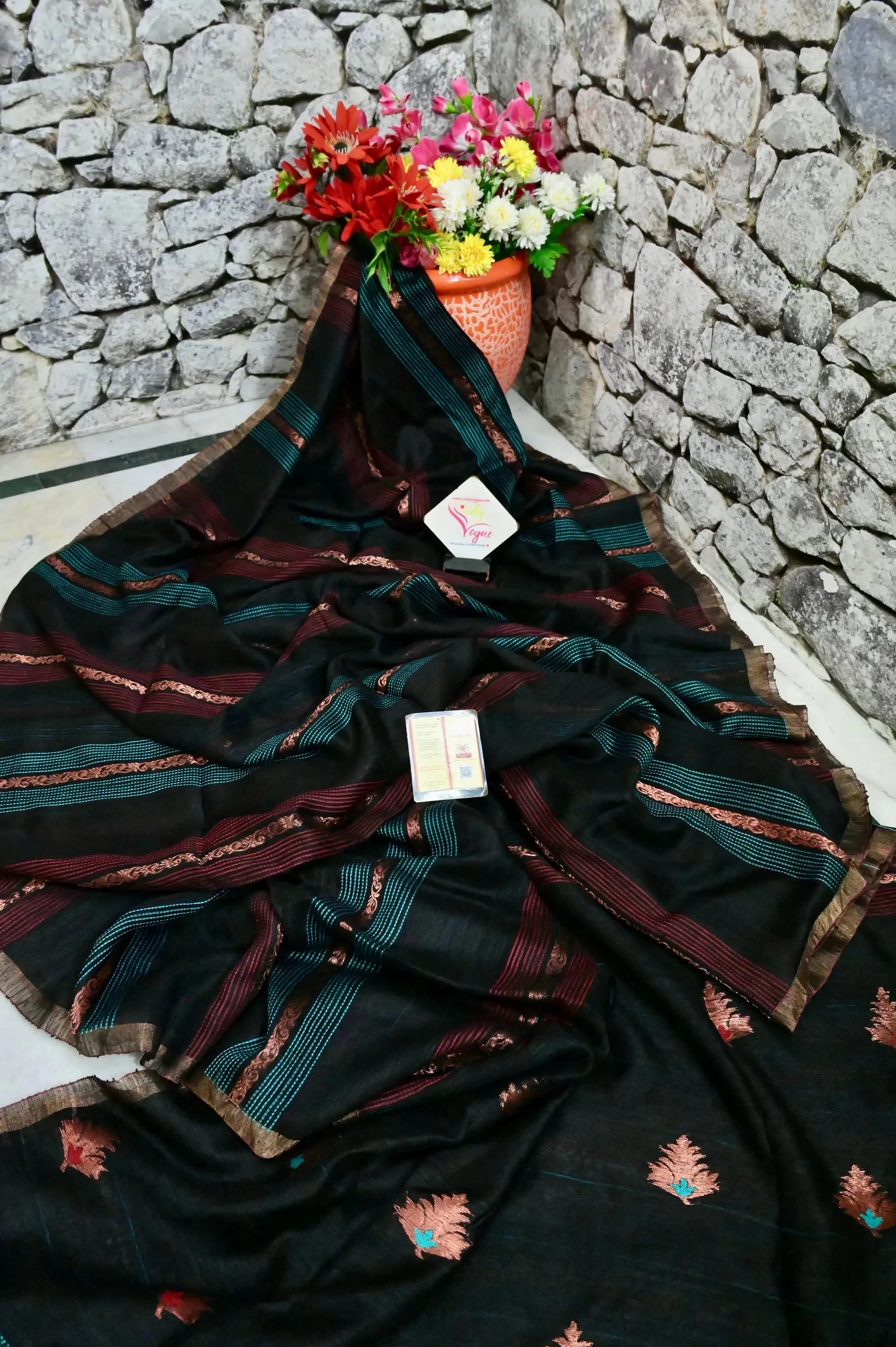 Deep Black Color Matka Saree with Copper Zari Work and Kantha Style Weaving