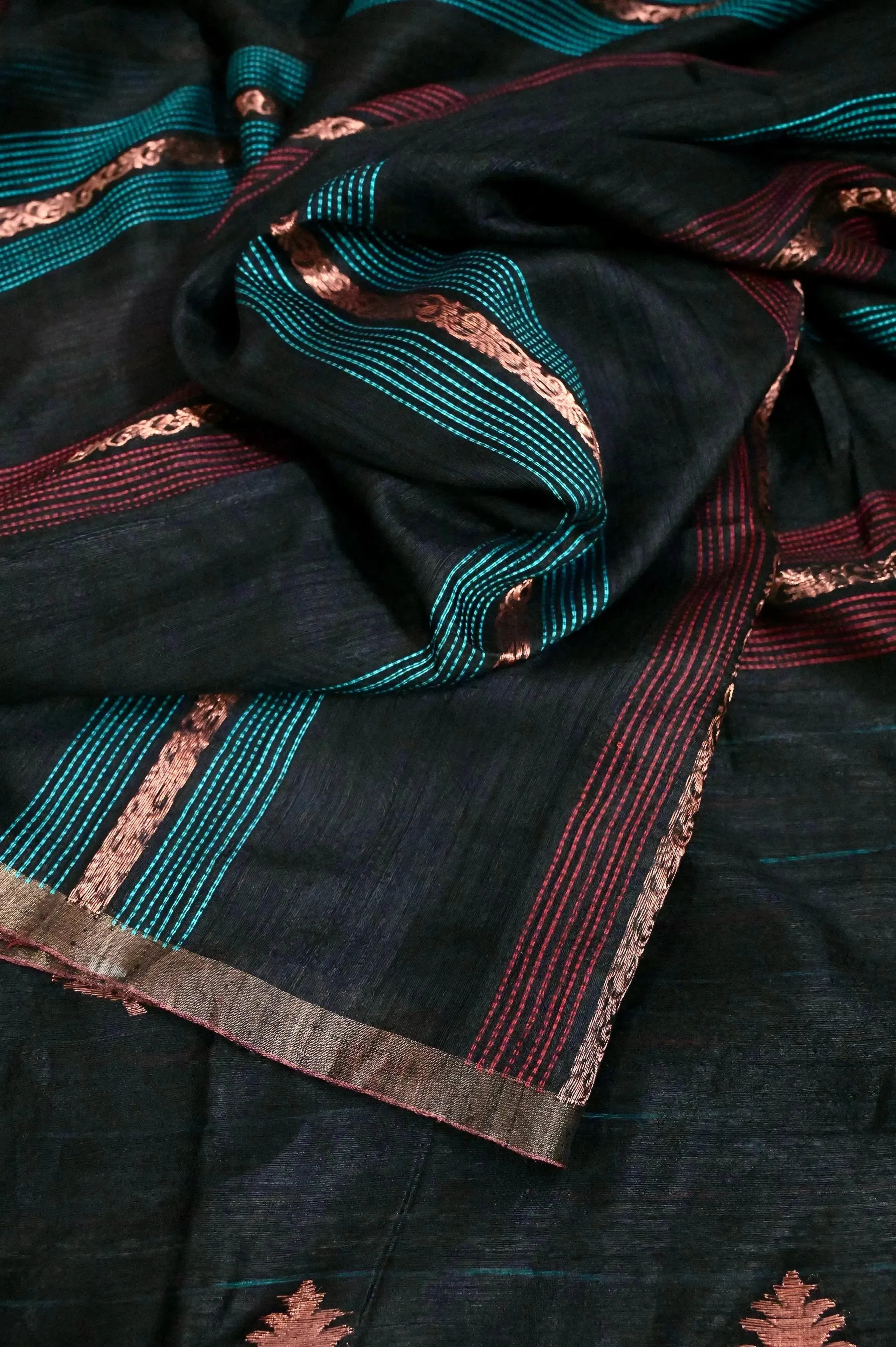 Deep Black Color Matka Saree with Copper Zari Work and Kantha Style Weaving