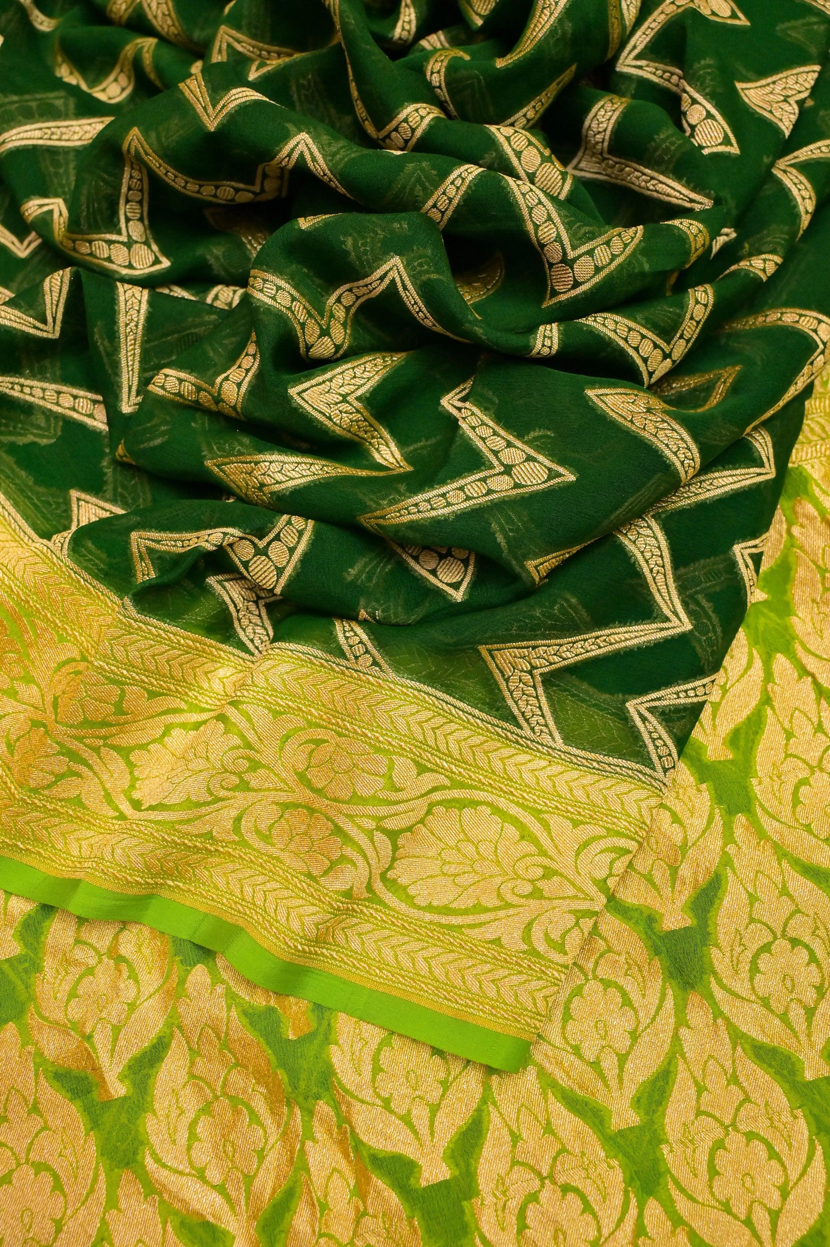 Deep Green Color Pure Khaddi Georgette Banarasi Saree with Allover Work