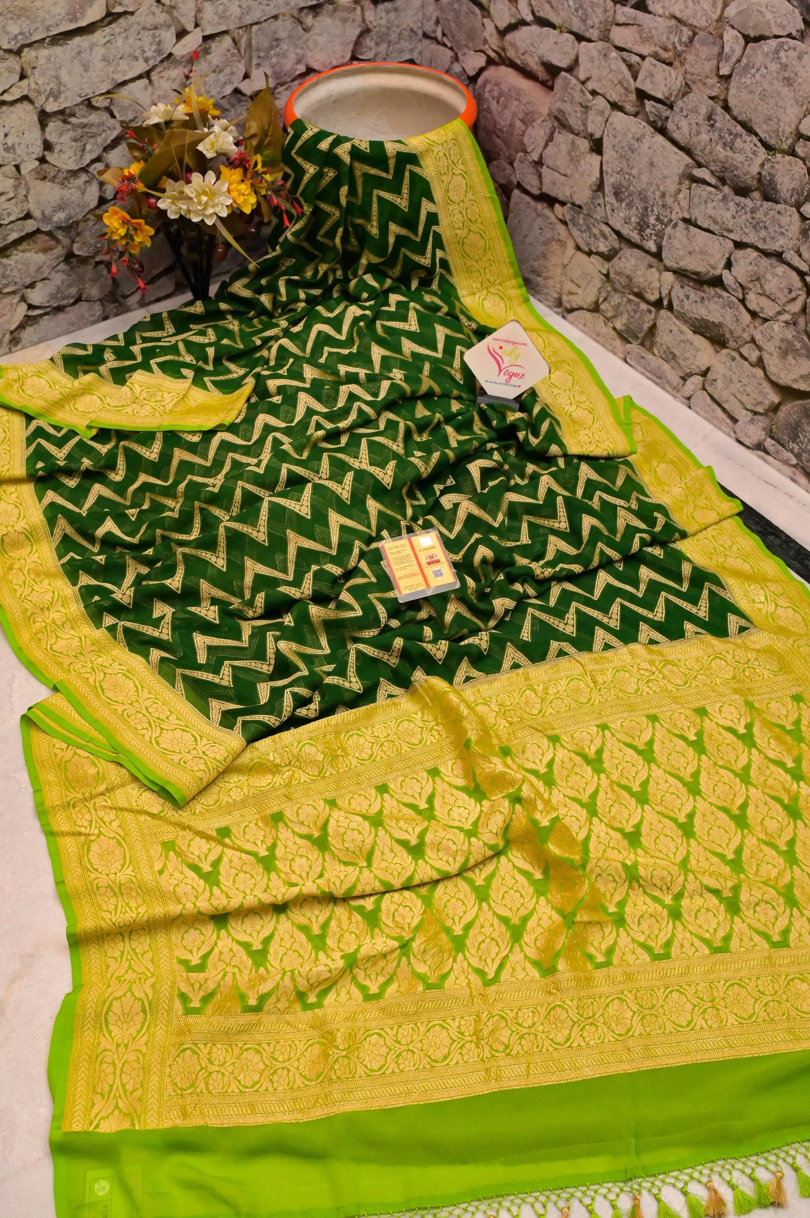 Deep Green Color Pure Khaddi Georgette Banarasi Saree with Allover Work