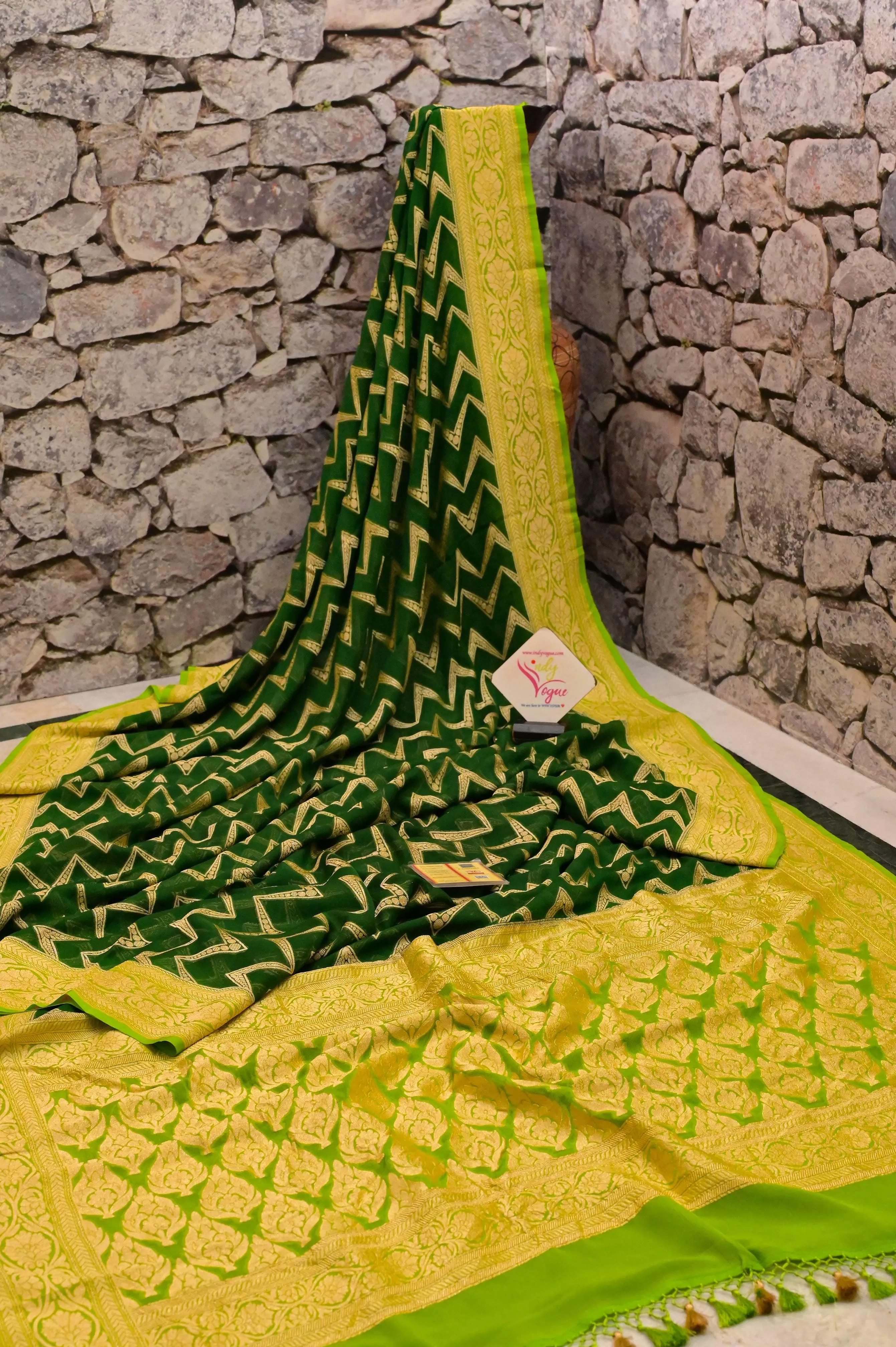 Deep Green Color Pure Khaddi Georgette Banarasi Saree with Allover Work