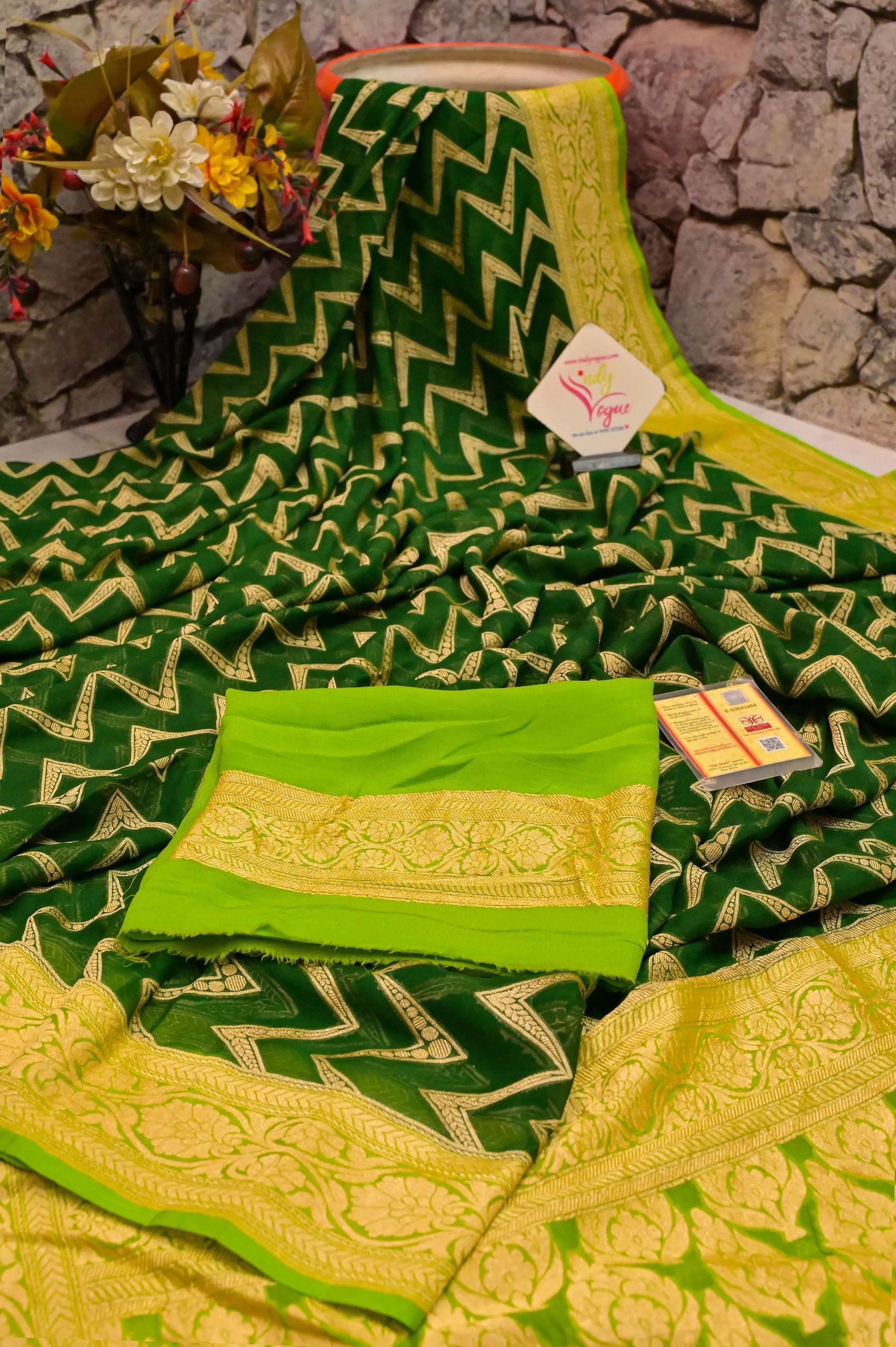 Deep Green Color Pure Khaddi Georgette Banarasi Saree with Allover Work