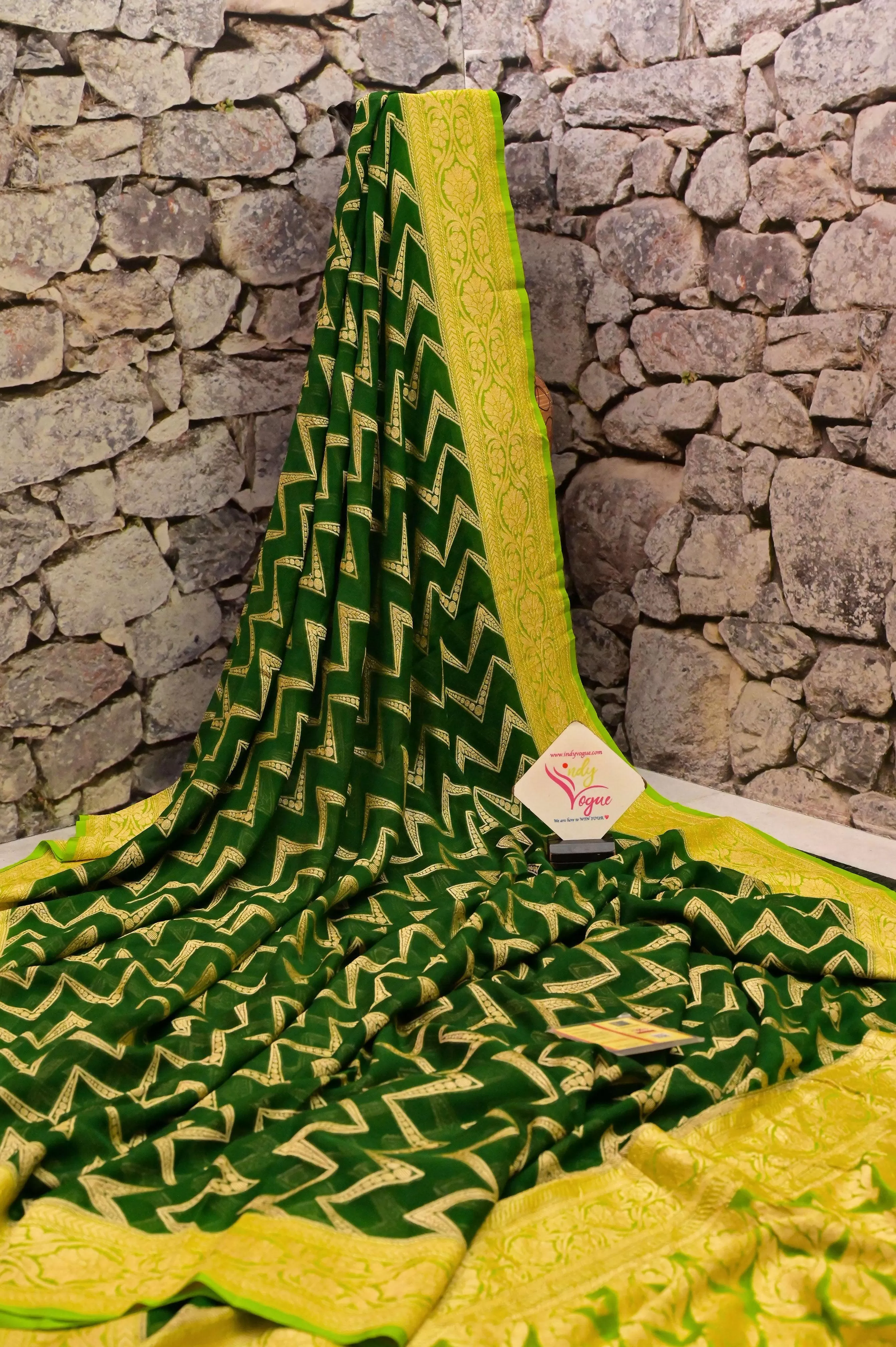 Deep Green Color Pure Khaddi Georgette Banarasi Saree with Allover Work