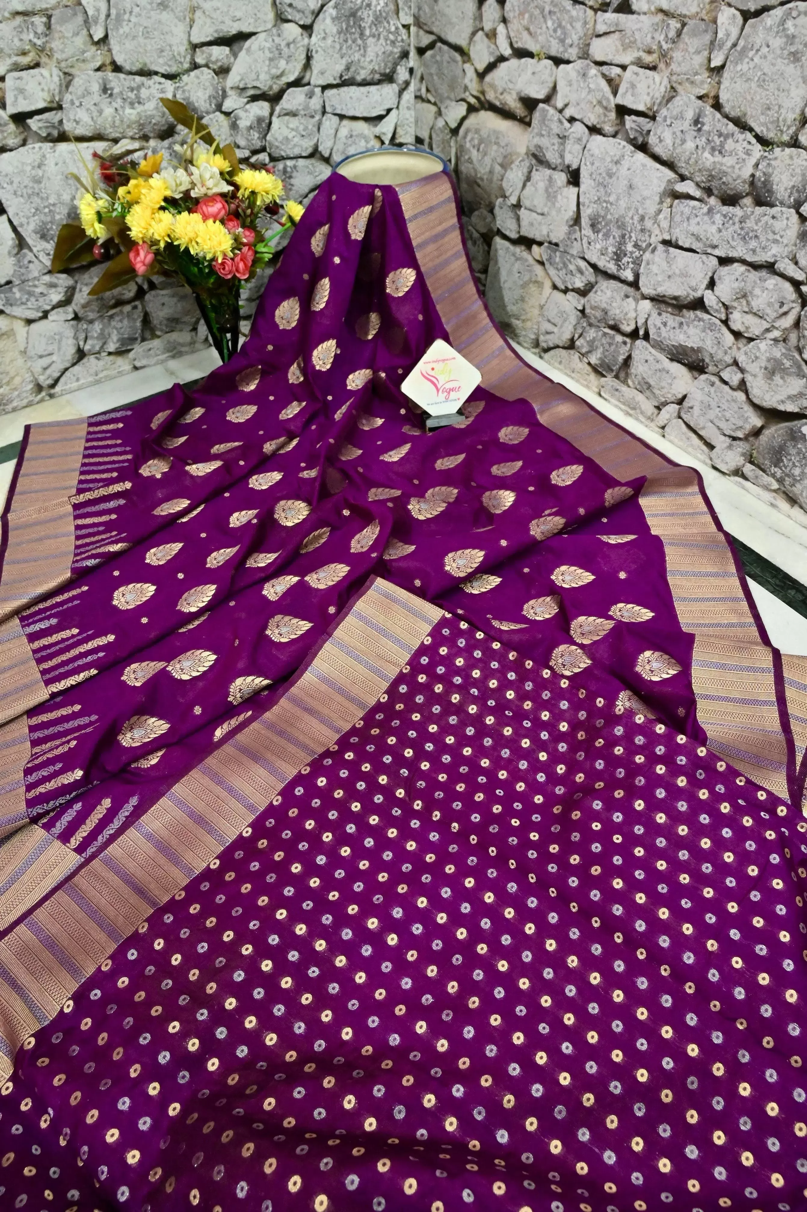 Deep Magenta Color Chanderi Banarasi Saree with Meenakari Work