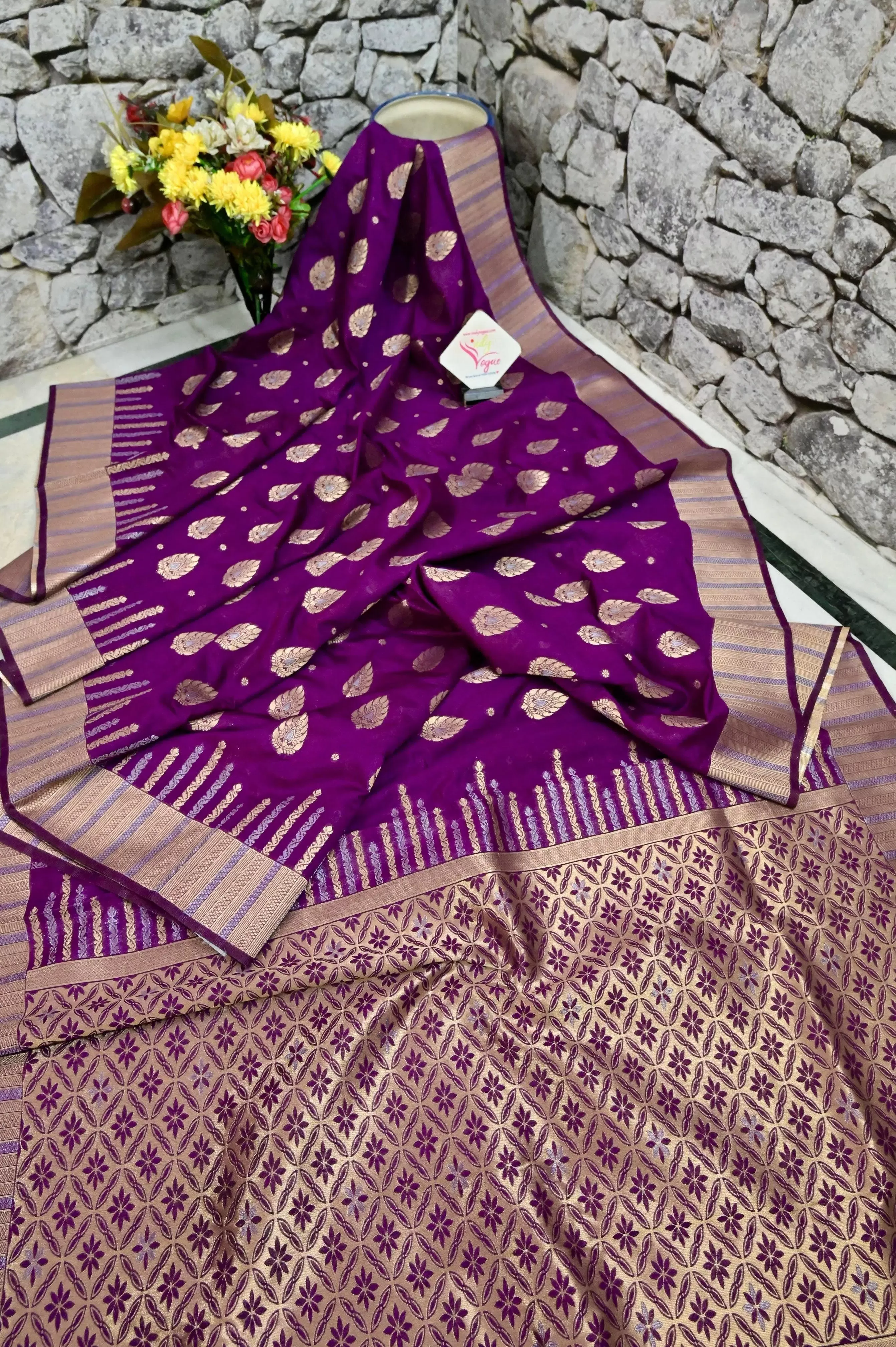 Deep Magenta Color Chanderi Banarasi Saree with Meenakari Work