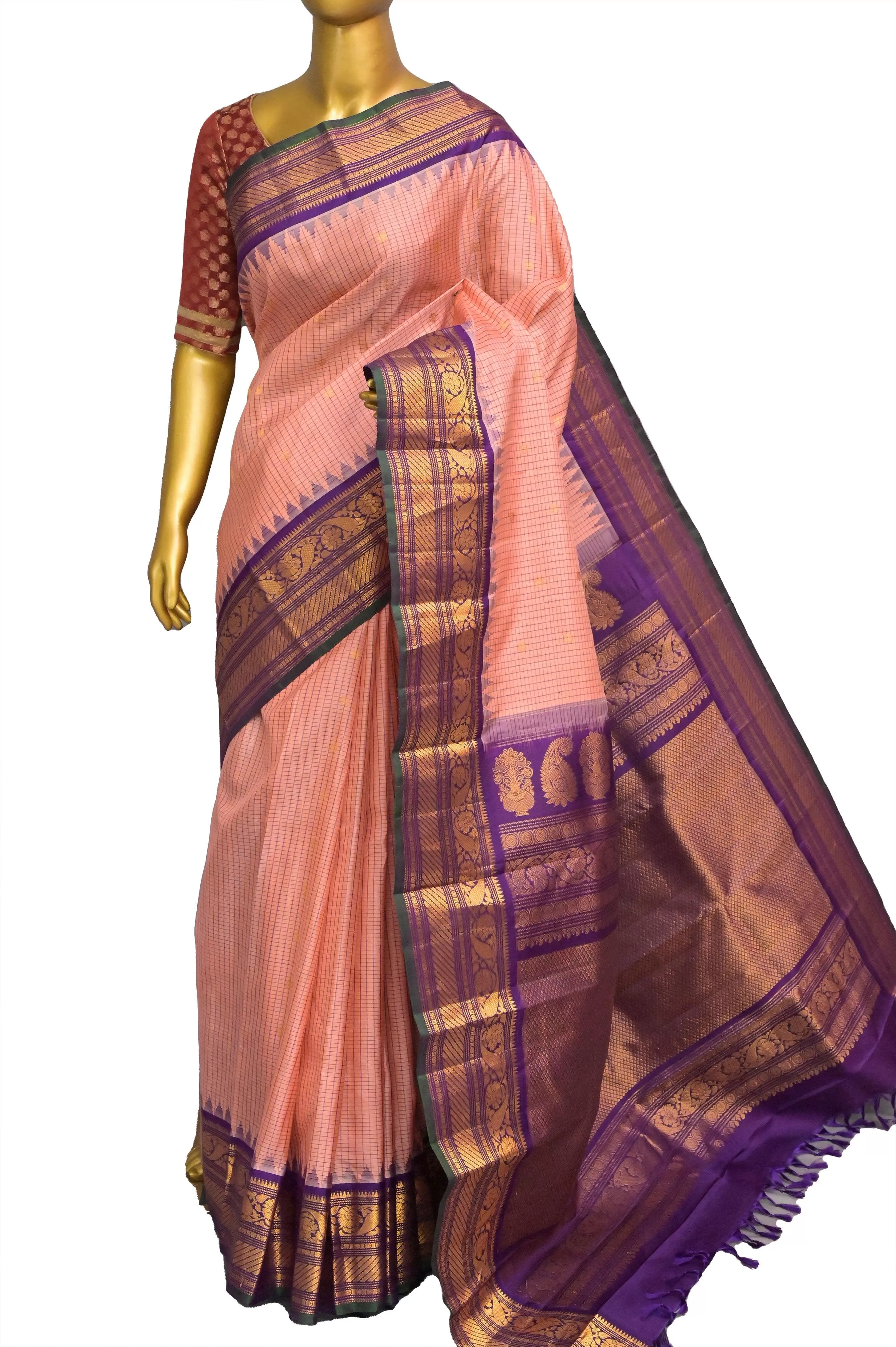 Deep Peach Color Gadwal Silk Saree with Checks and Temple Border