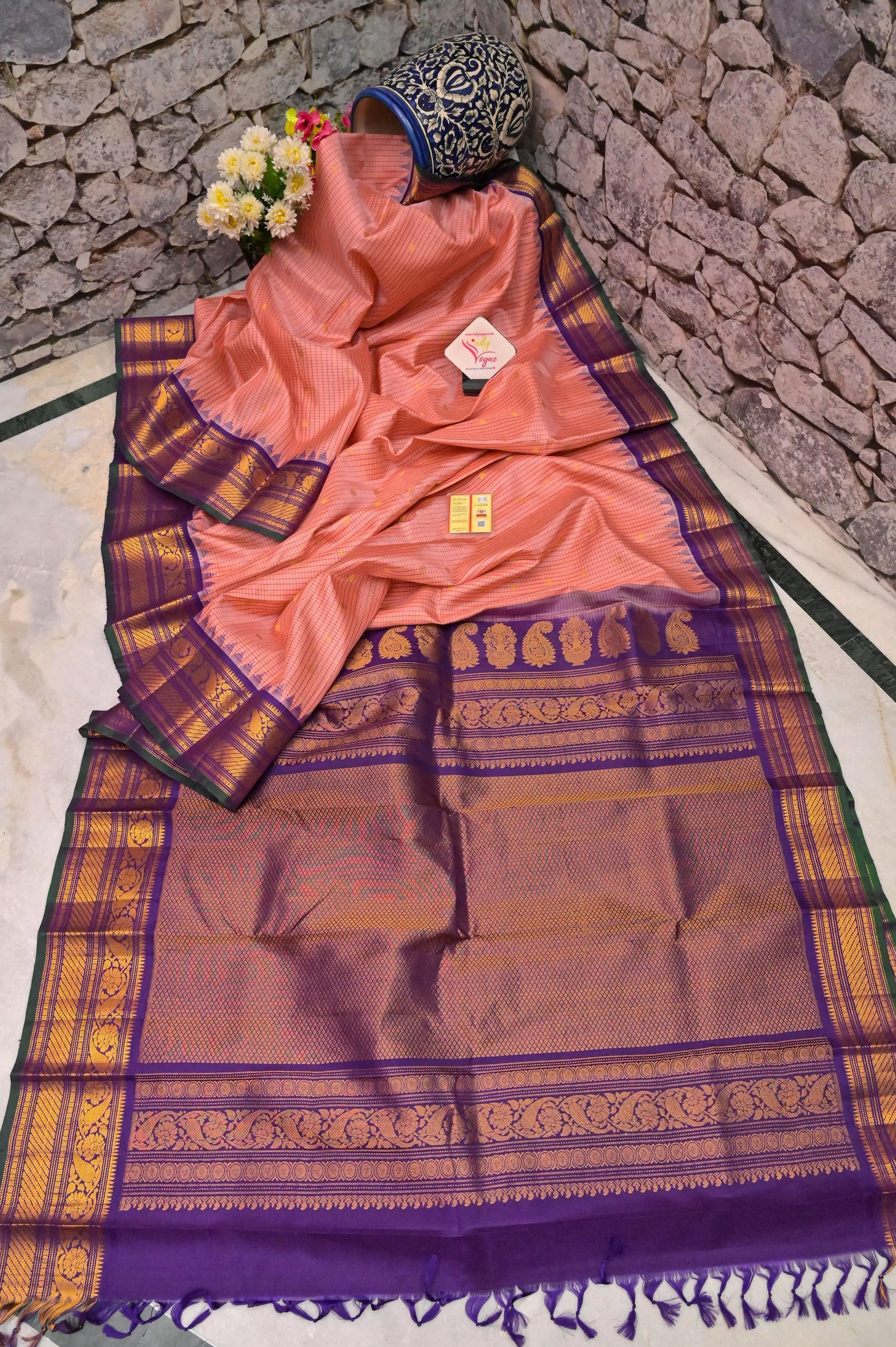 Deep Peach Color Gadwal Silk Saree with Checks and Temple Border