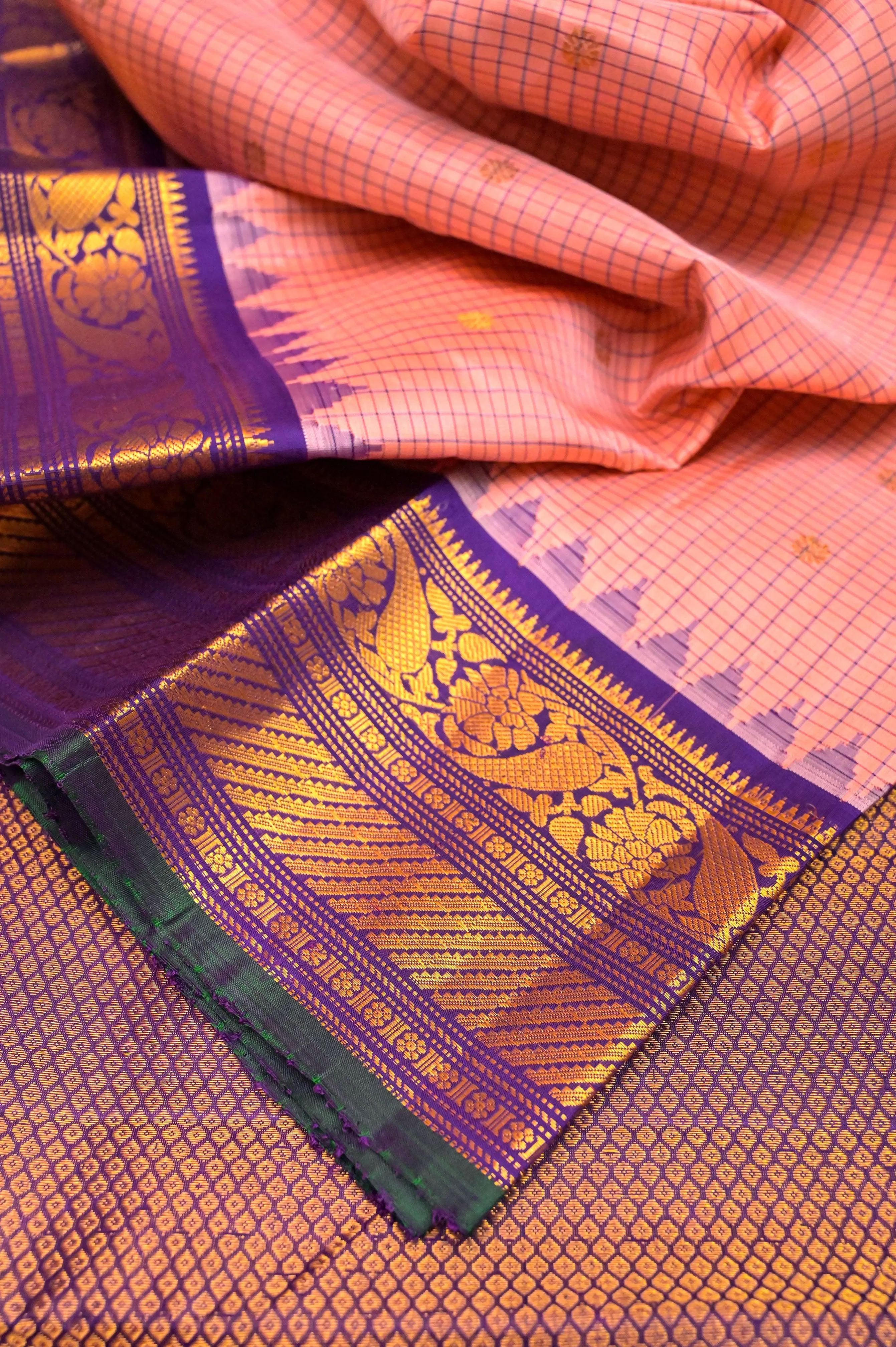 Deep Peach Color Gadwal Silk Saree with Checks and Temple Border