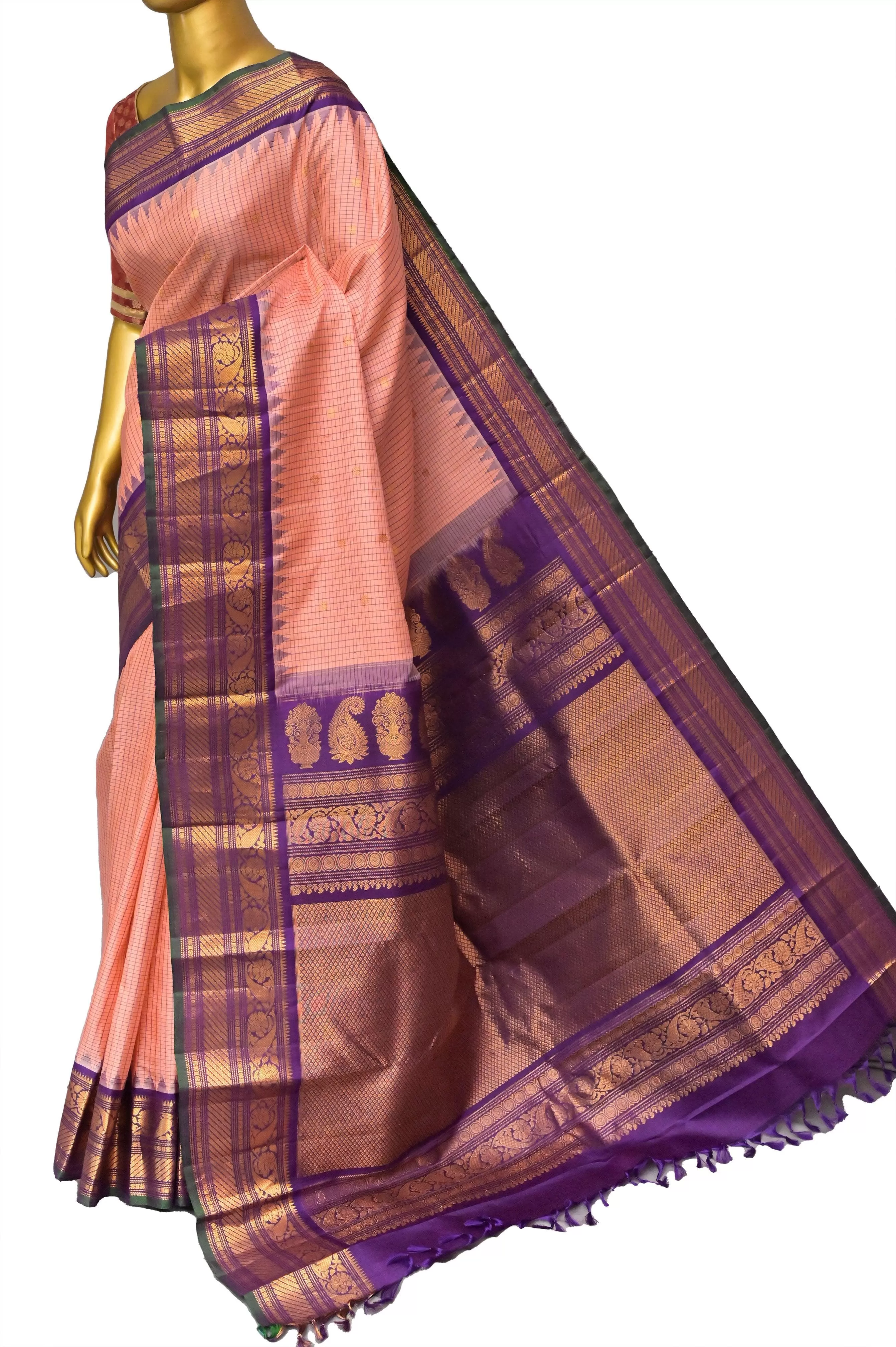 Deep Peach Color Gadwal Silk Saree with Checks and Temple Border