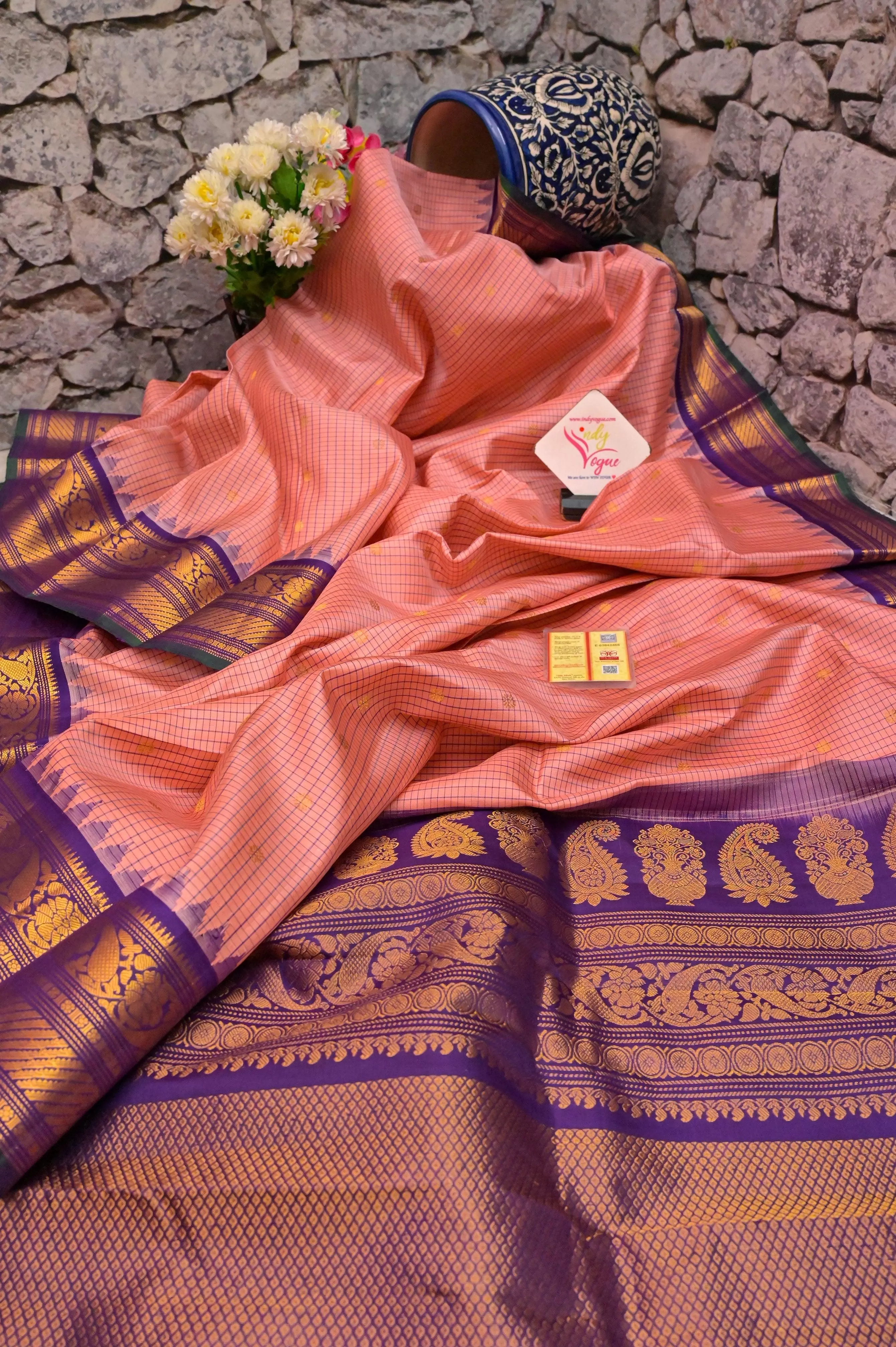 Deep Peach Color Gadwal Silk Saree with Checks and Temple Border