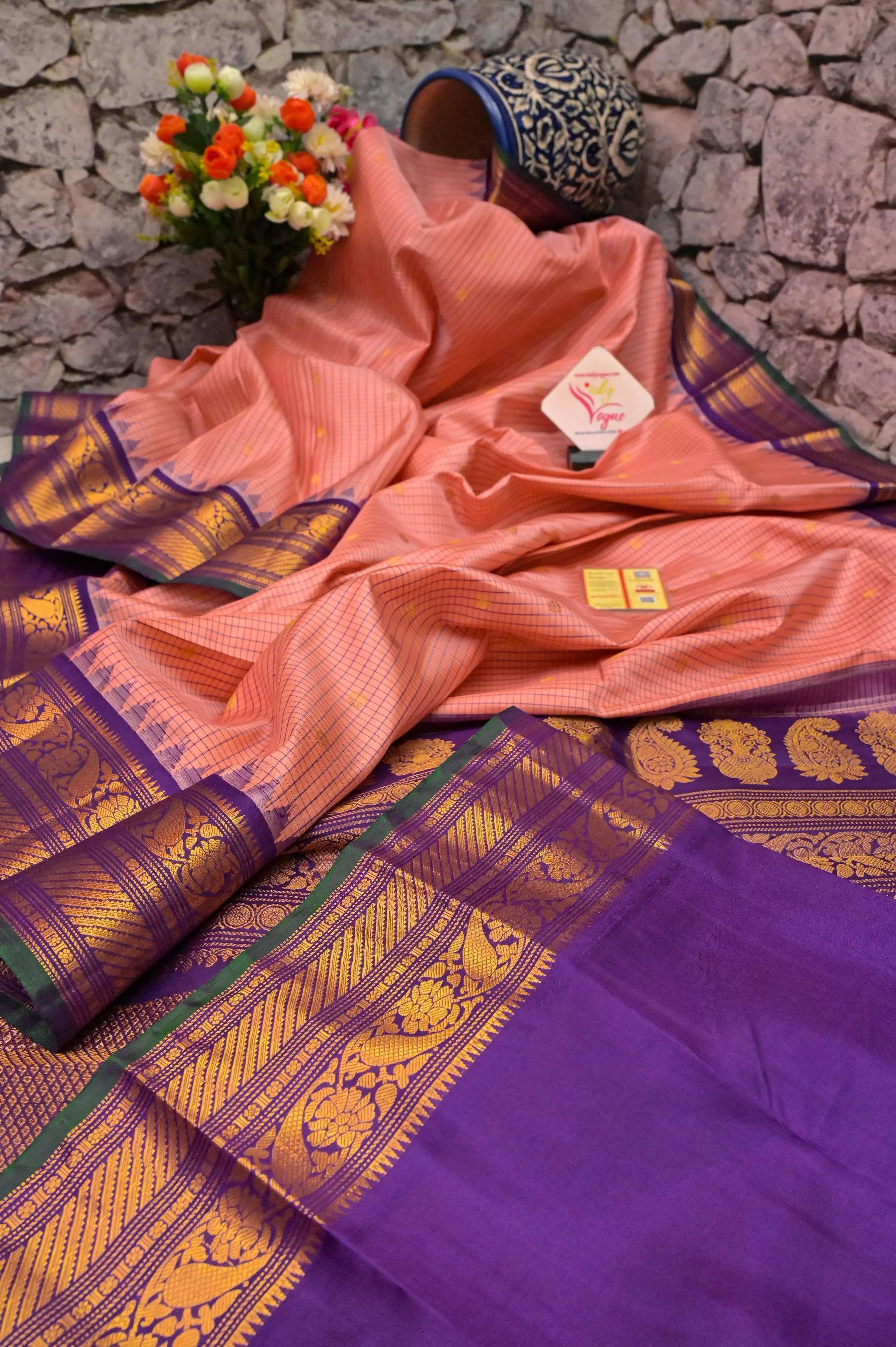 Deep Peach Color Gadwal Silk Saree with Checks and Temple Border