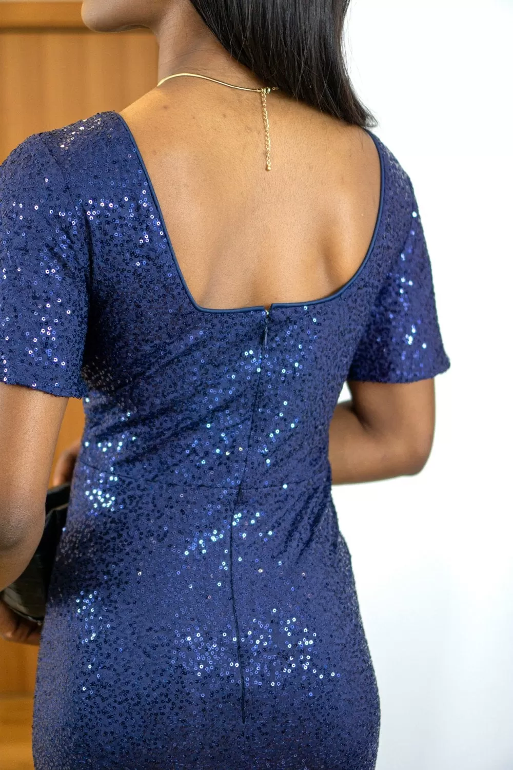 Double Second Navy Tea Sleeve Bodycon Sequin Dress