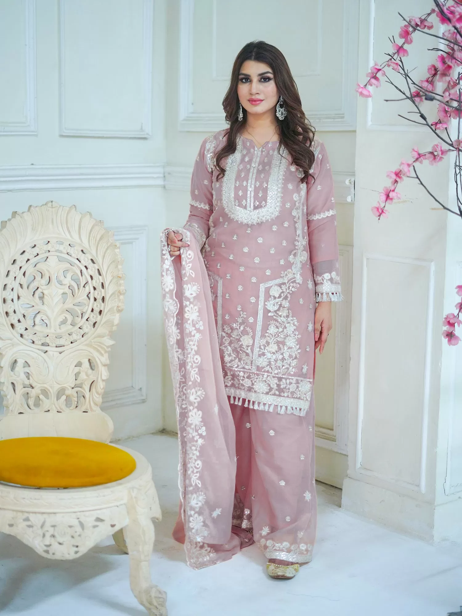 Dusky Pink Embroidered Chiffon Suit