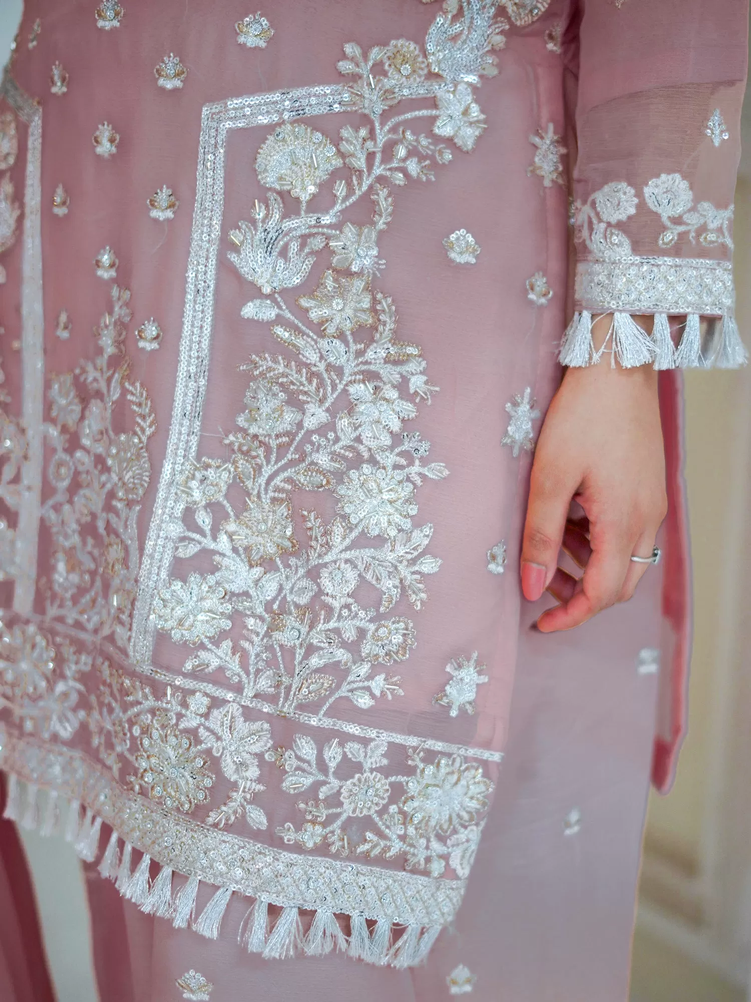 Dusky Pink Embroidered Chiffon Suit