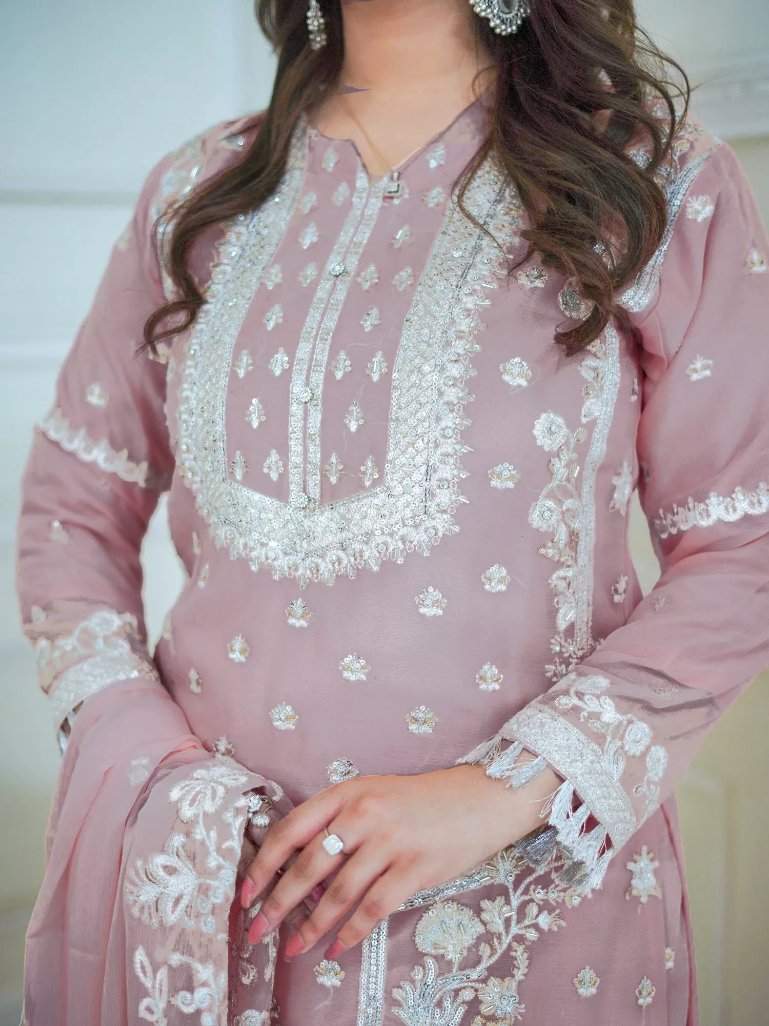 Dusky Pink Embroidered Chiffon Suit