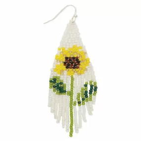 Earrings - Sunflower Bead White Fringe