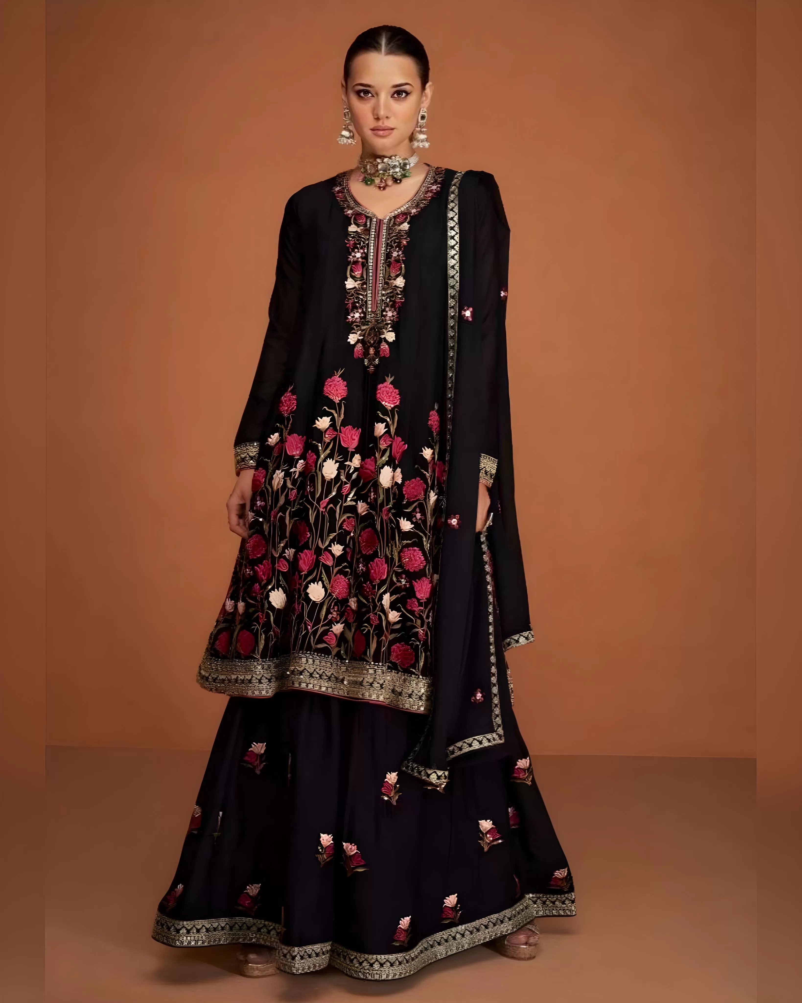 Embroidered Premium Chinon Silk Palazzo Suits