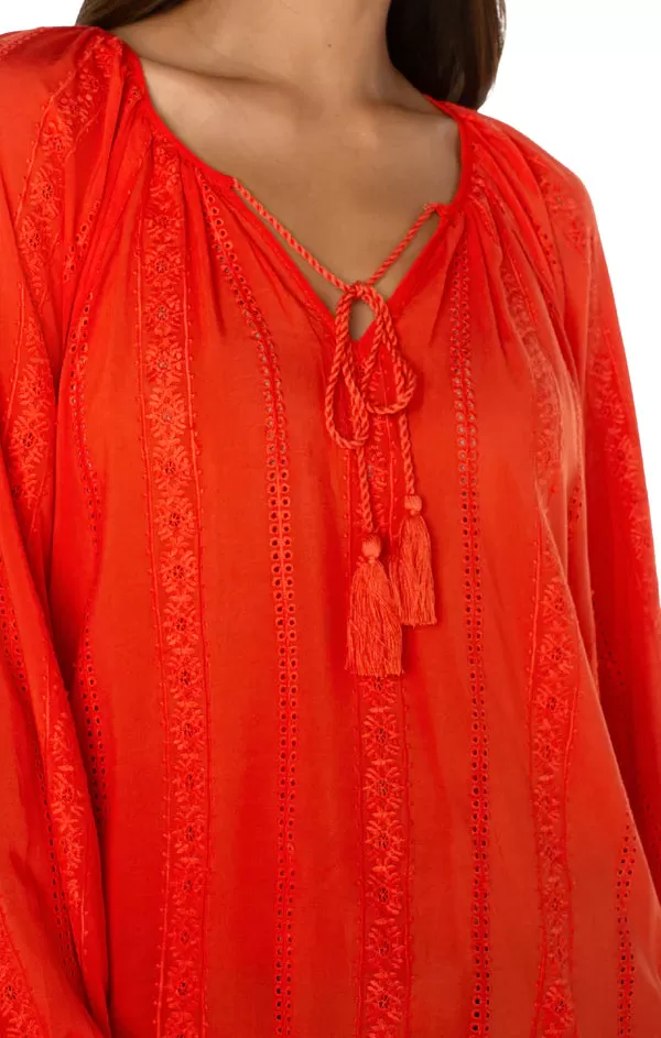 Embroidered Shirred Blouse w/ Neck Ties