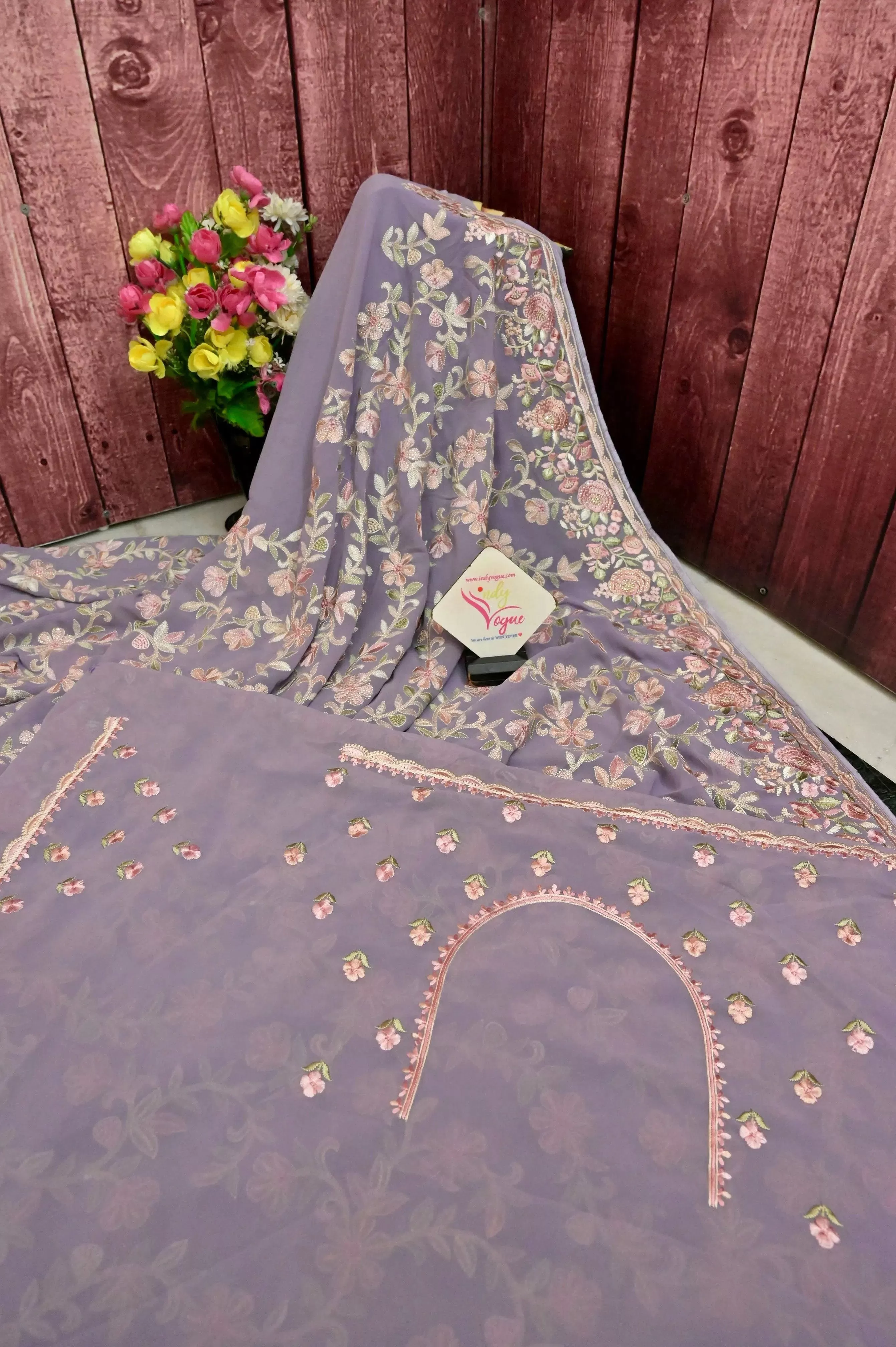 English Lavender Color Georgette Saree with Embroidery and Stonework