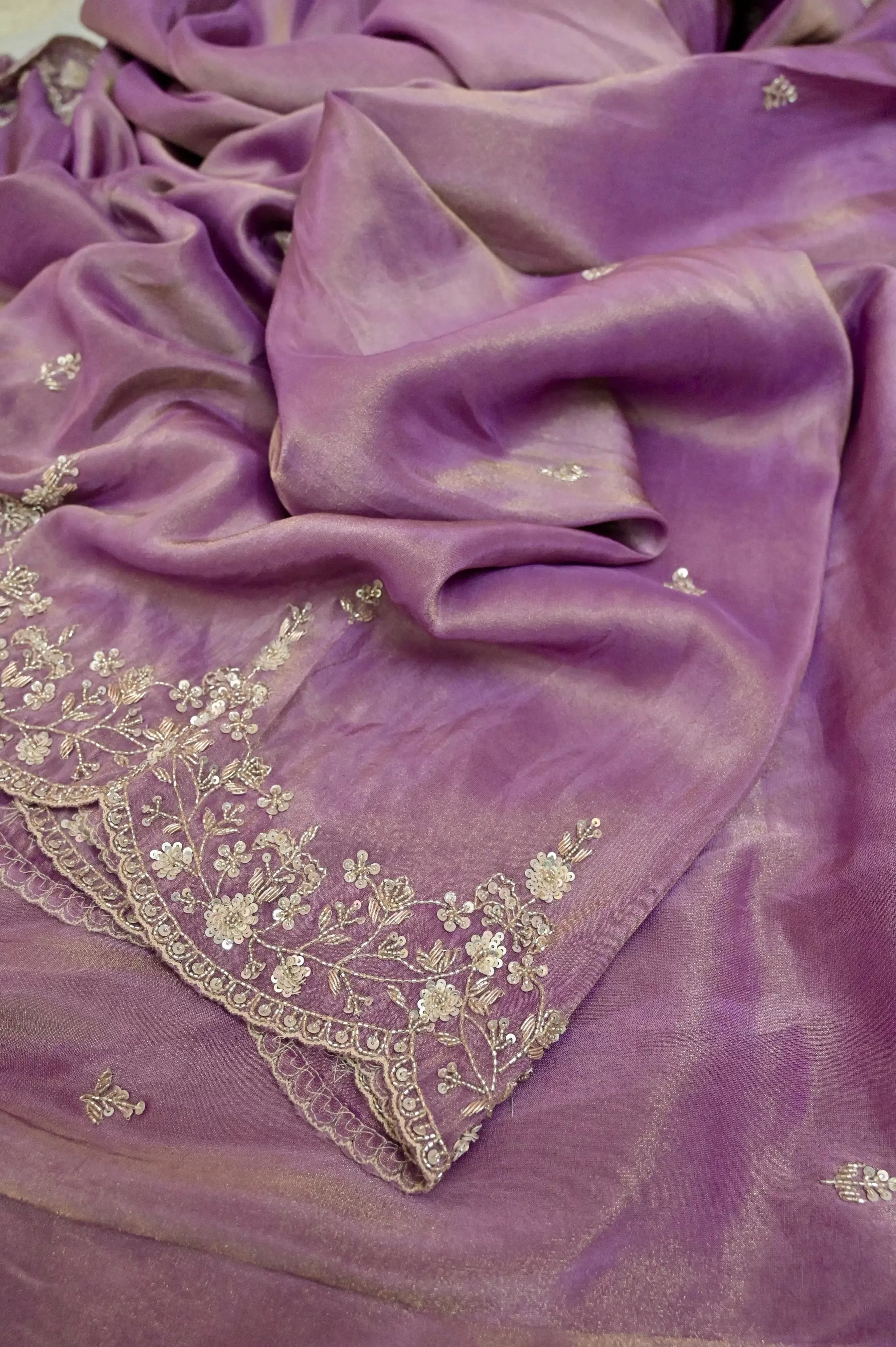 English Lavender Color Georgette Tissue Saree with Hand Zardozi Work and Scallop Border