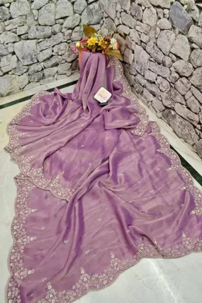 English Lavender Color Georgette Tissue Saree with Hand Zardozi Work and Scallop Border