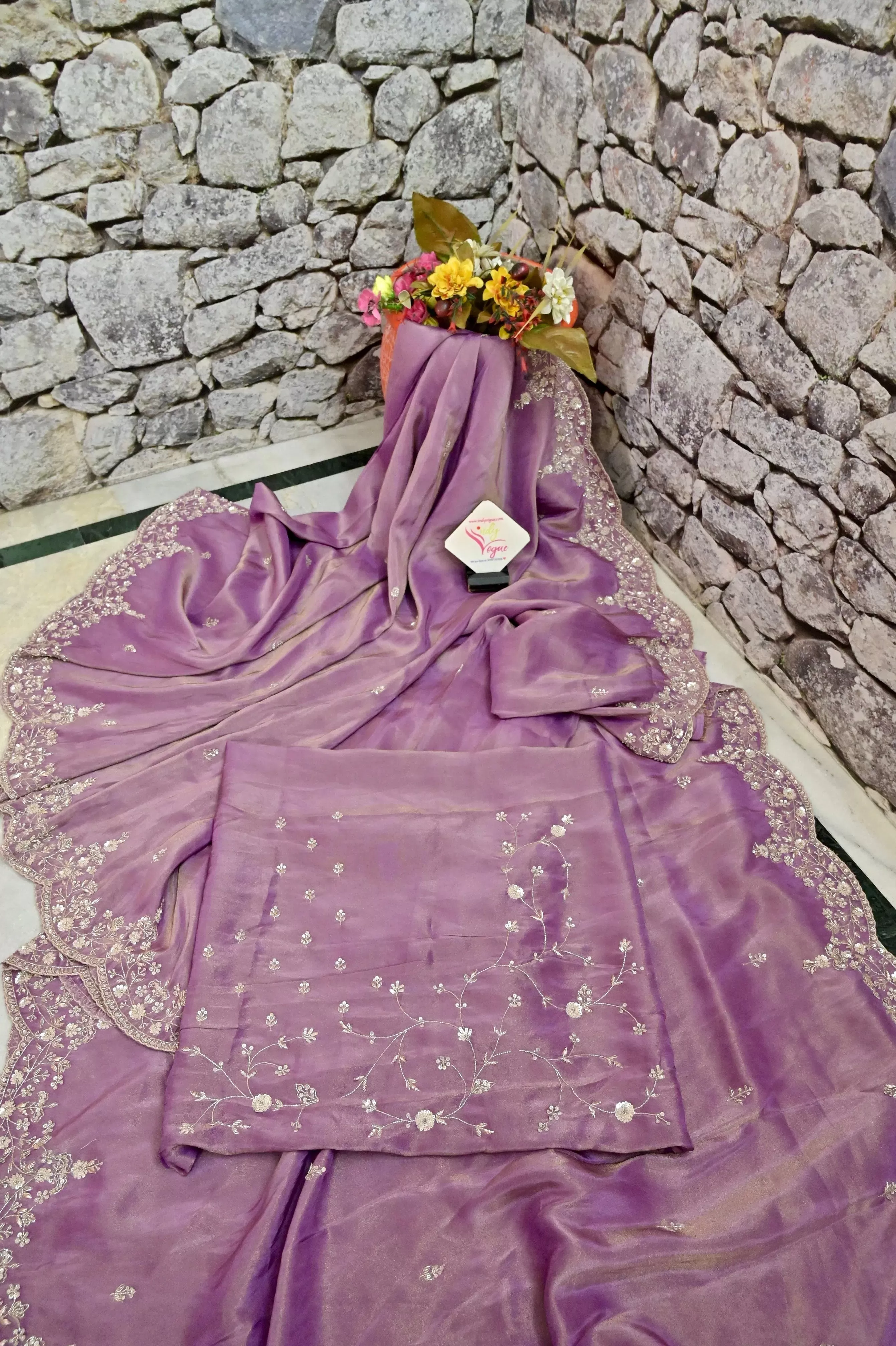 English Lavender Color Georgette Tissue Saree with Hand Zardozi Work and Scallop Border