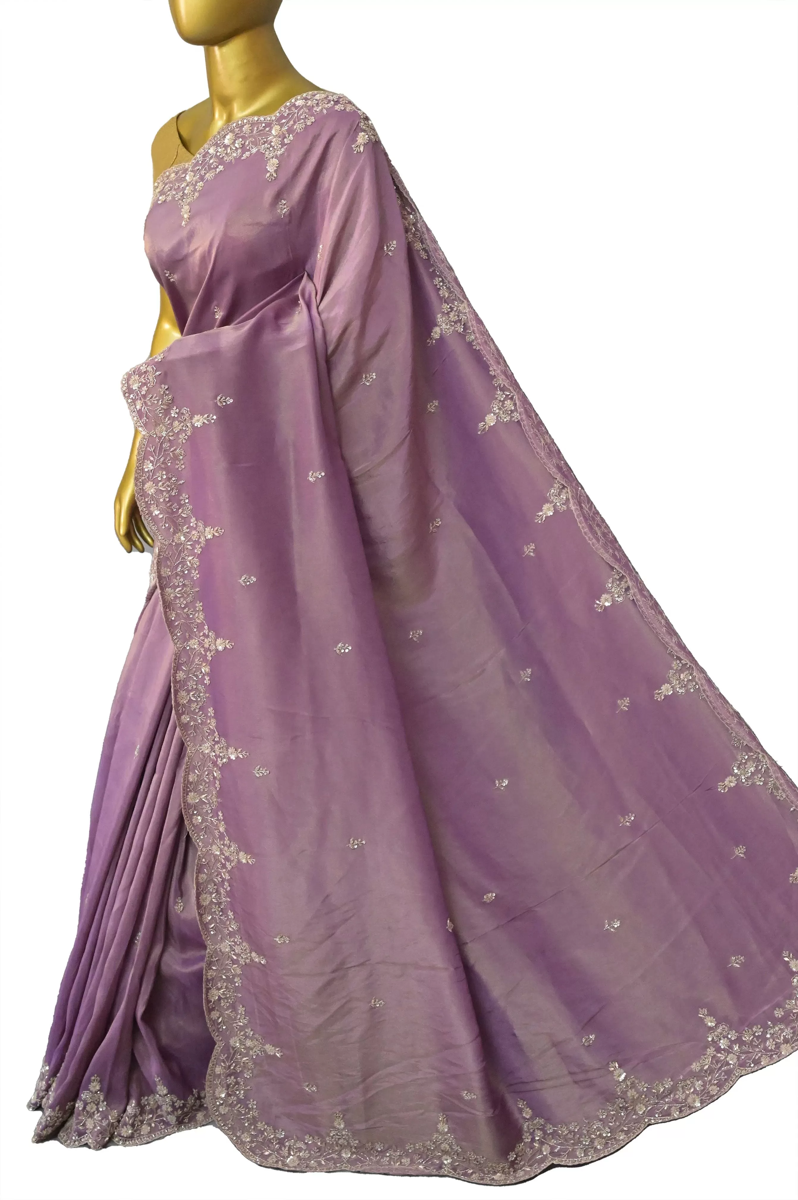 English Lavender Color Georgette Tissue Saree with Hand Zardozi Work and Scallop Border