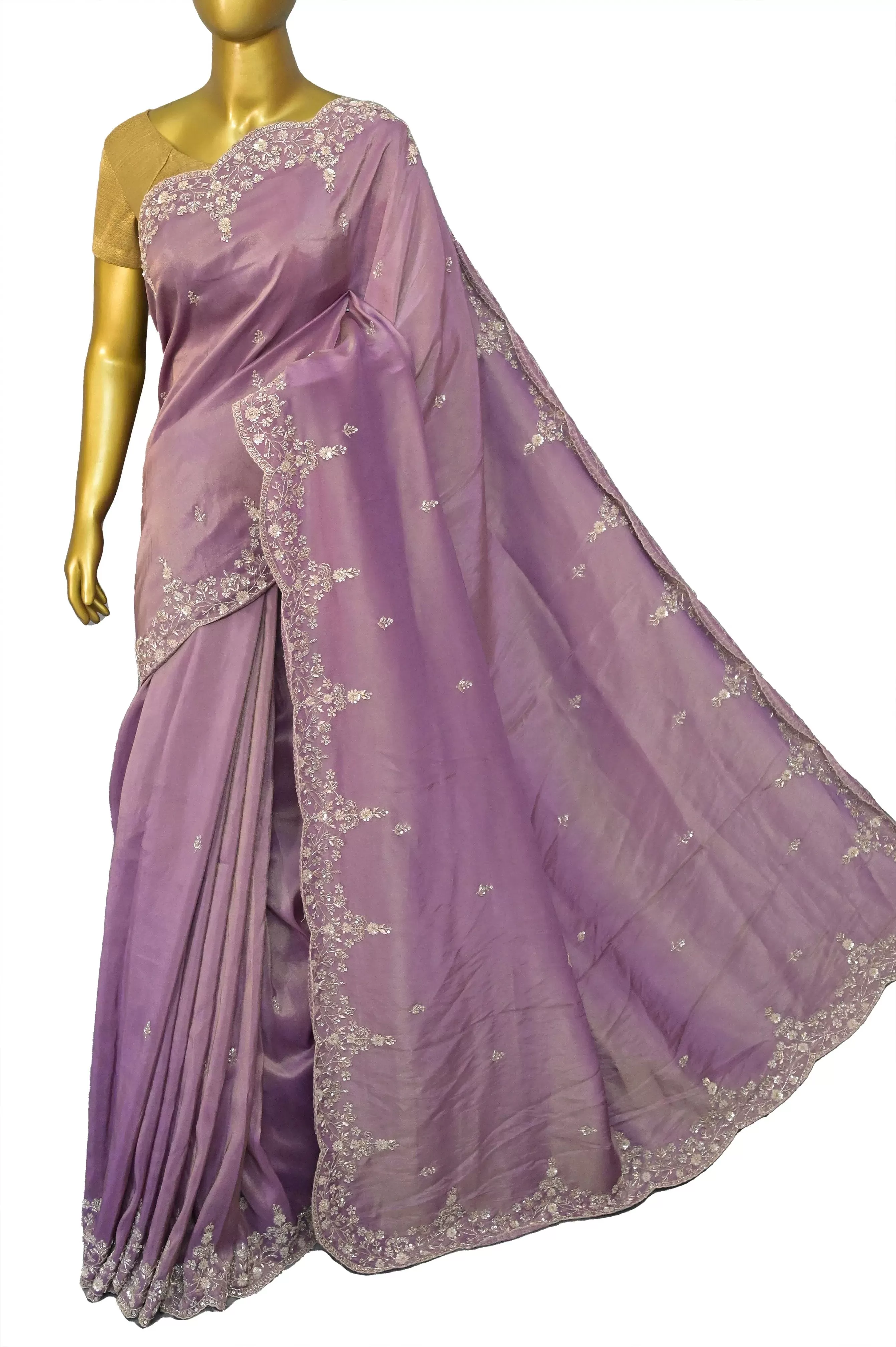 English Lavender Color Georgette Tissue Saree with Hand Zardozi Work and Scallop Border