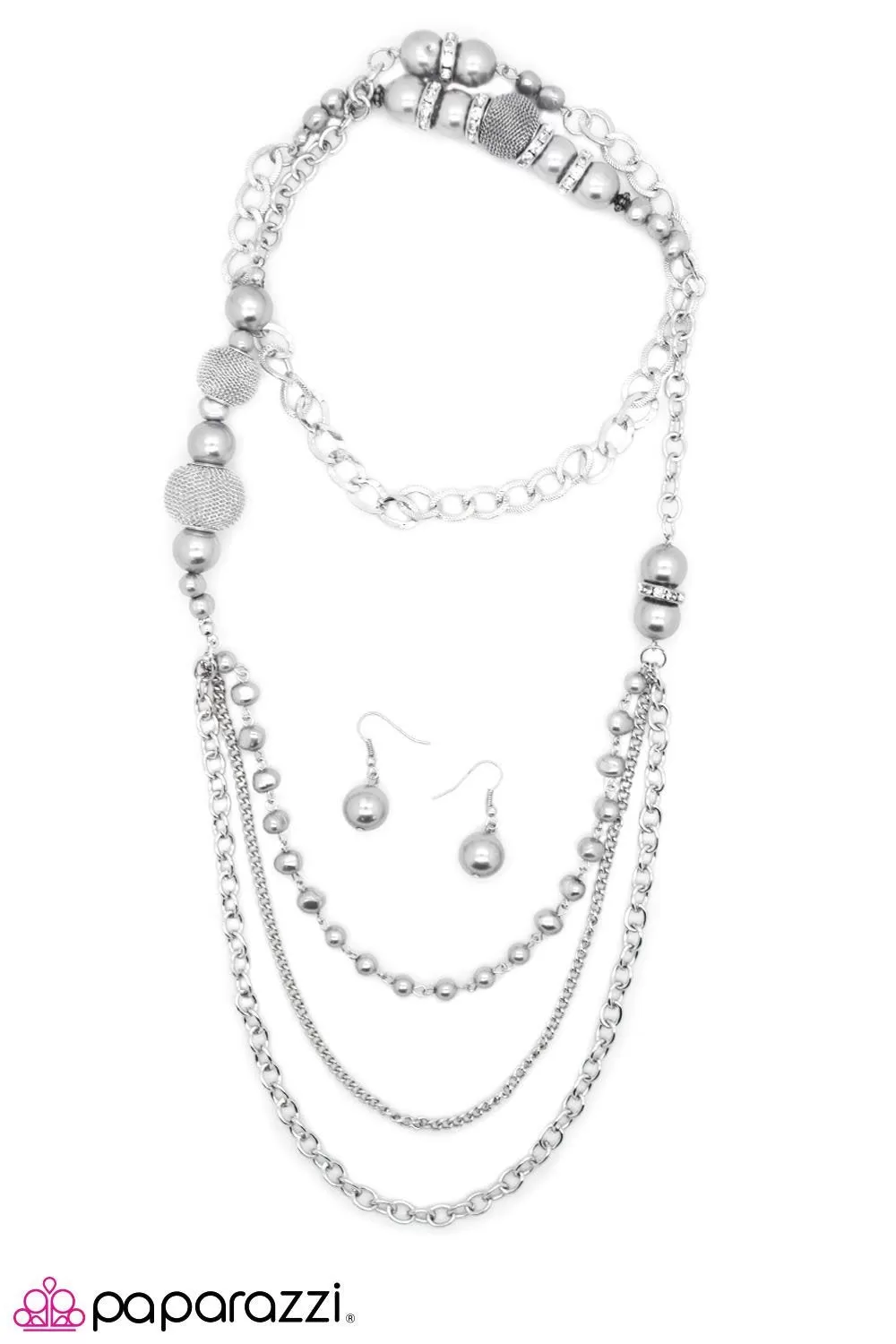 Enmeshed in Elegance Long Silver Necklace and matching Earrings - Paparazzi Accessories