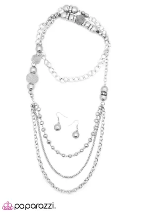 Enmeshed in Elegance Long Silver Necklace and matching Earrings - Paparazzi Accessories