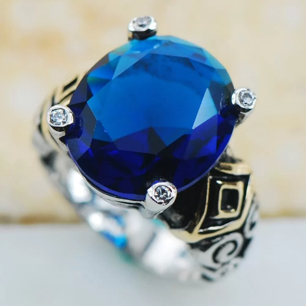 Fancy Blue Crystal Sapphire Ring - 925 Sterling Silver