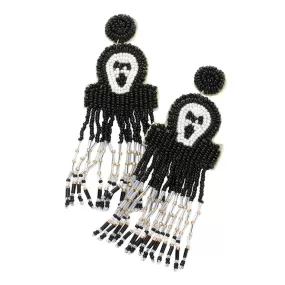 Felt Back Seed Beaded Scream Ghost Fringe Dangle Earrings