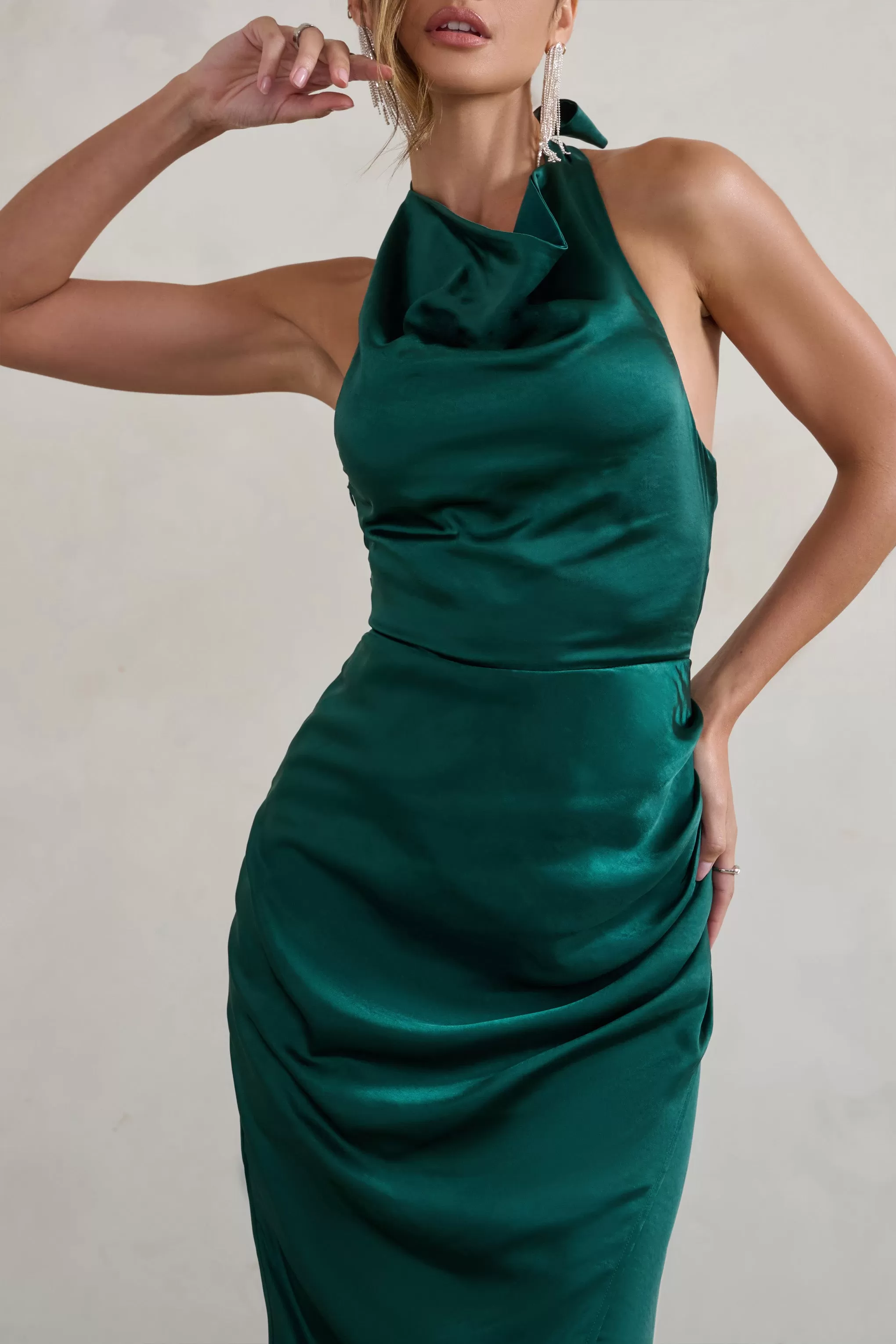 Forever Feature | Bottle Green High Neck Wrap Maxi Dress