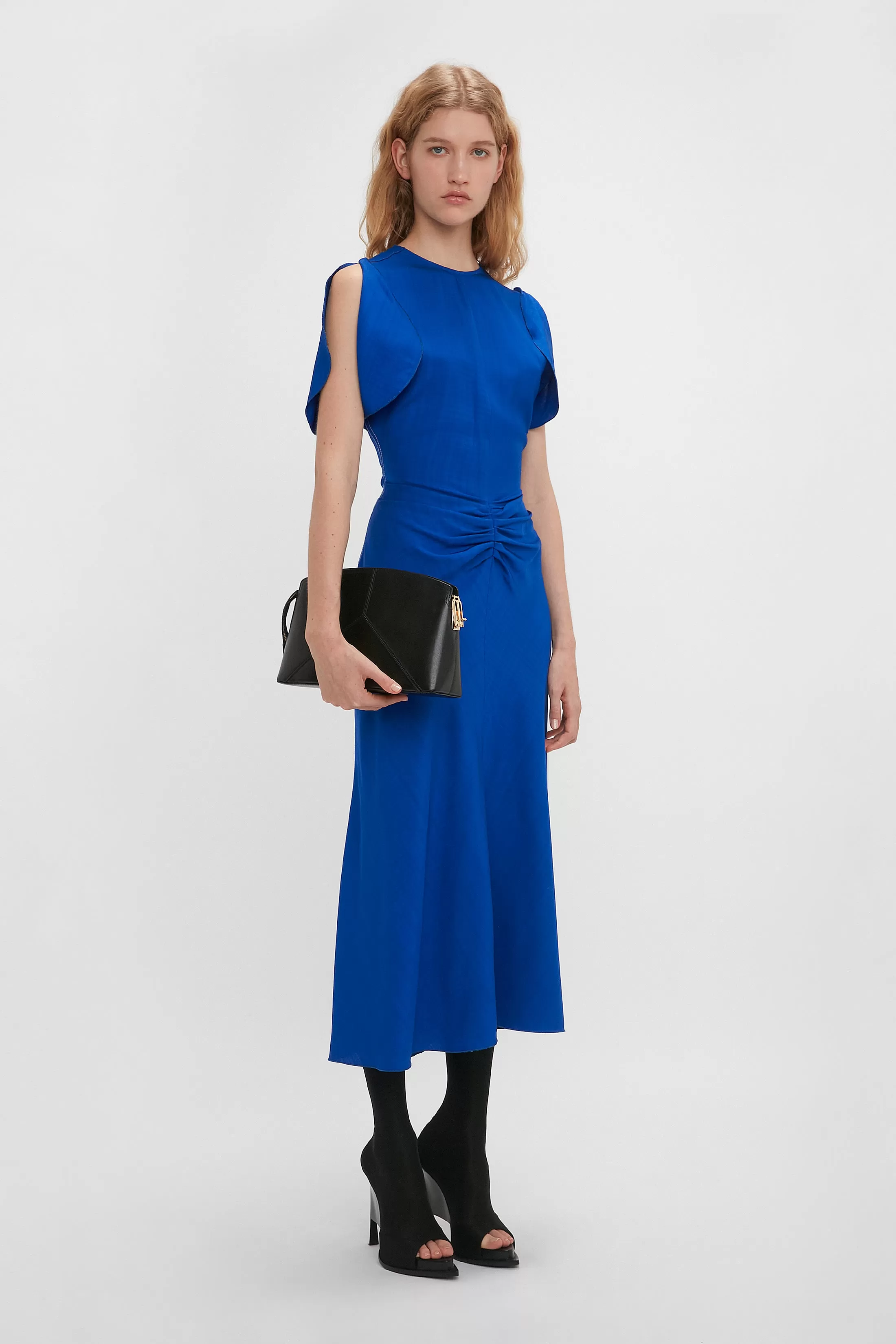 Gathered Waist Midi Dress In Palace Blue