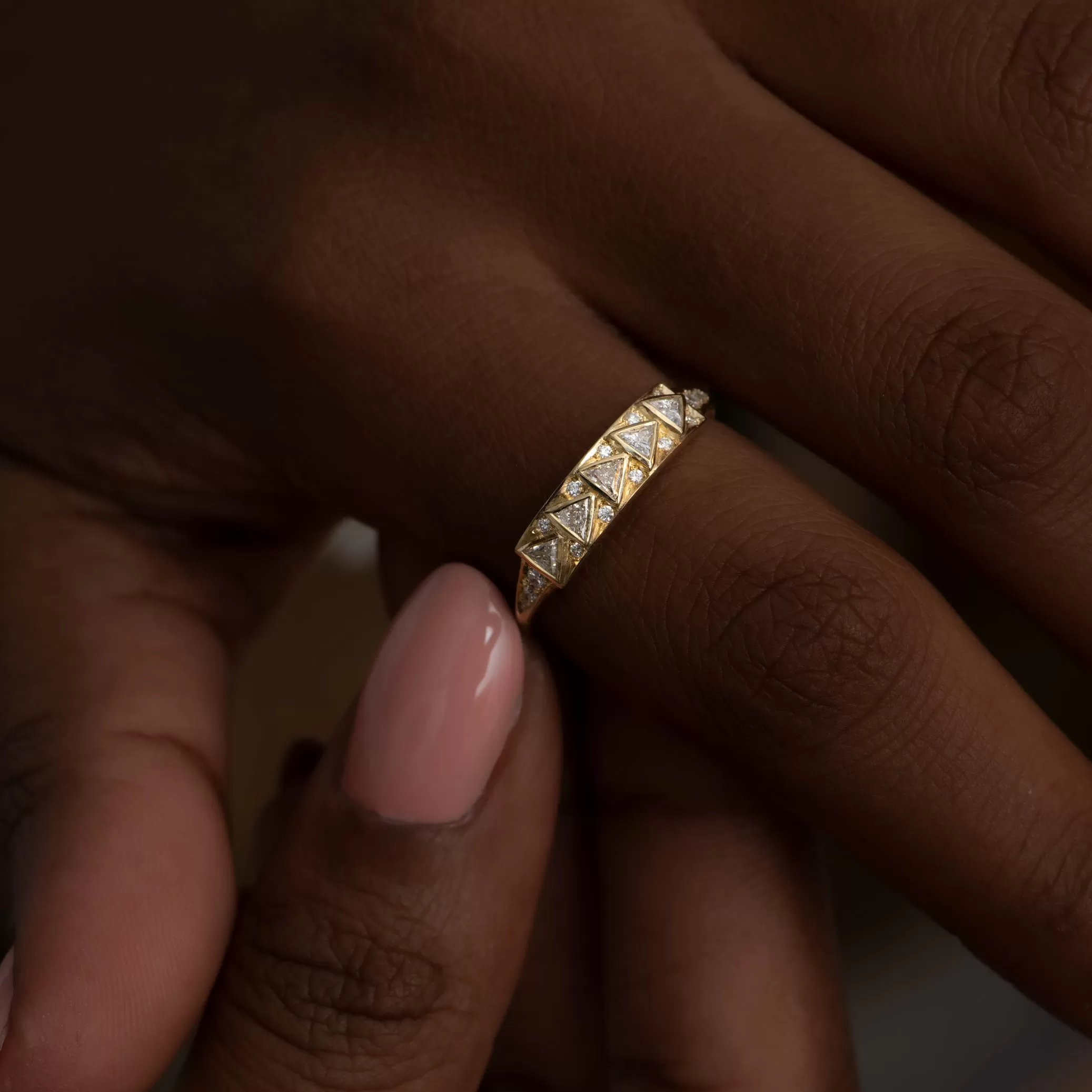 Geometric Bar Ring with Triangle Cut Diamonds in 18k Solid Gold