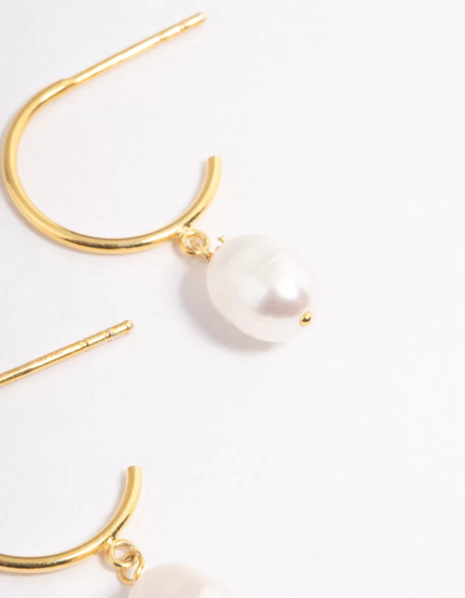 Gold Plated Sterling Silver Pearl Drop Hoop Earrings