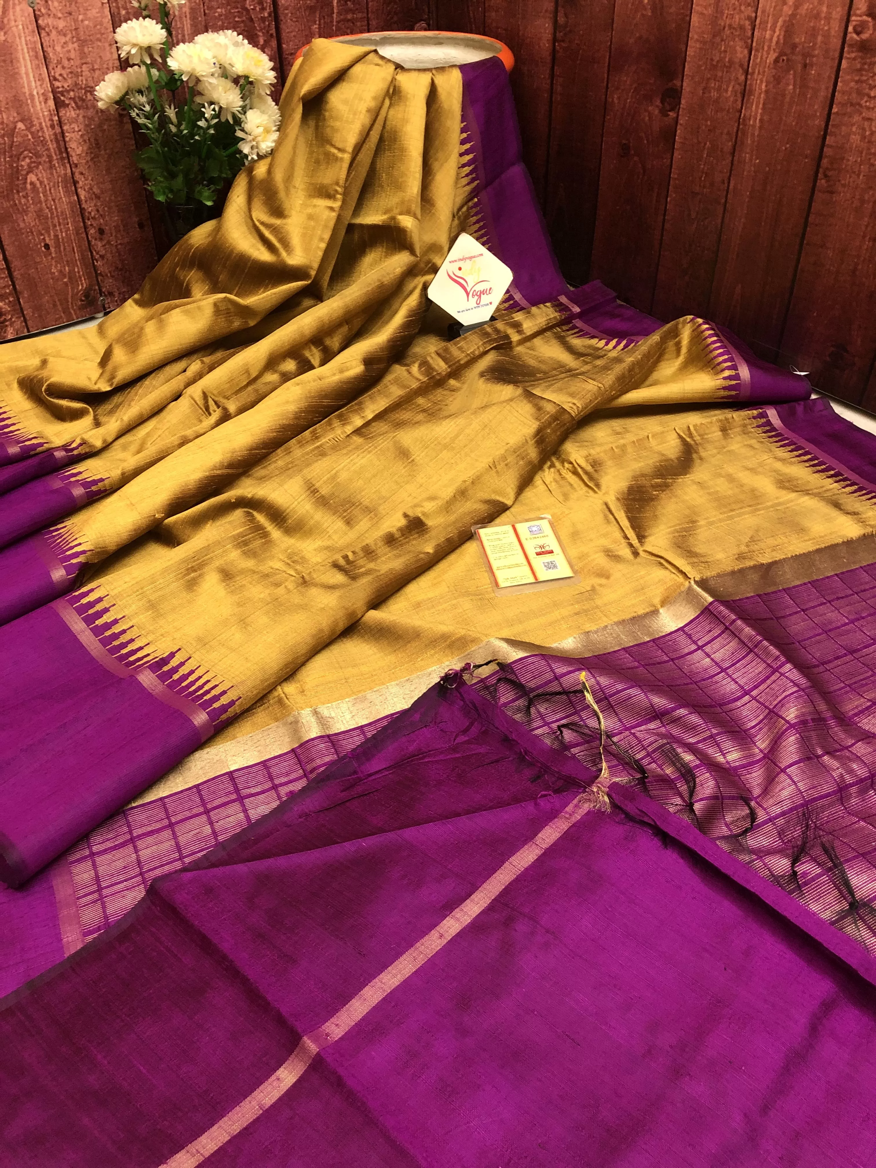 Golden and Magenta Color Raw Silk Saree