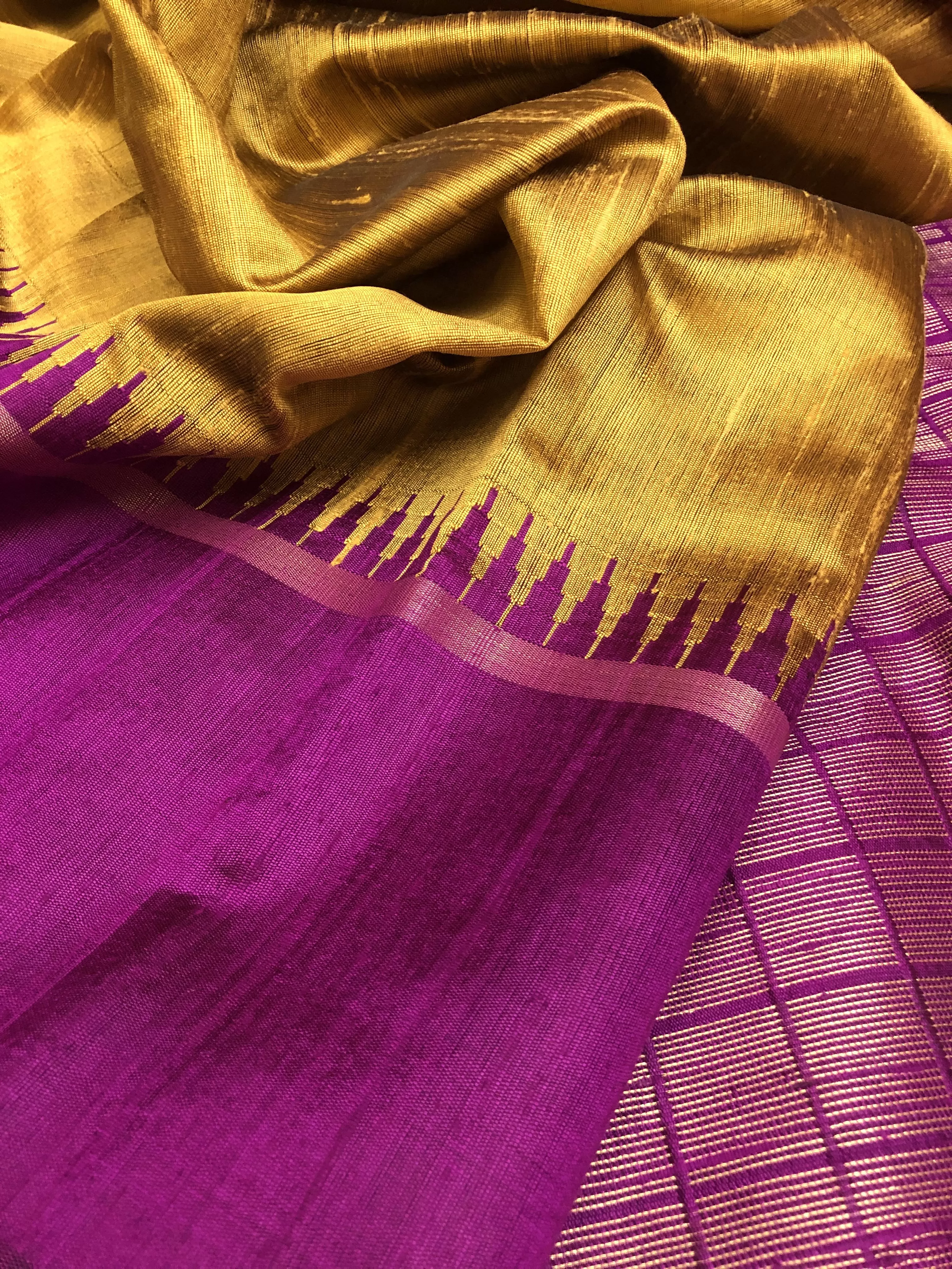 Golden and Magenta Color Raw Silk Saree