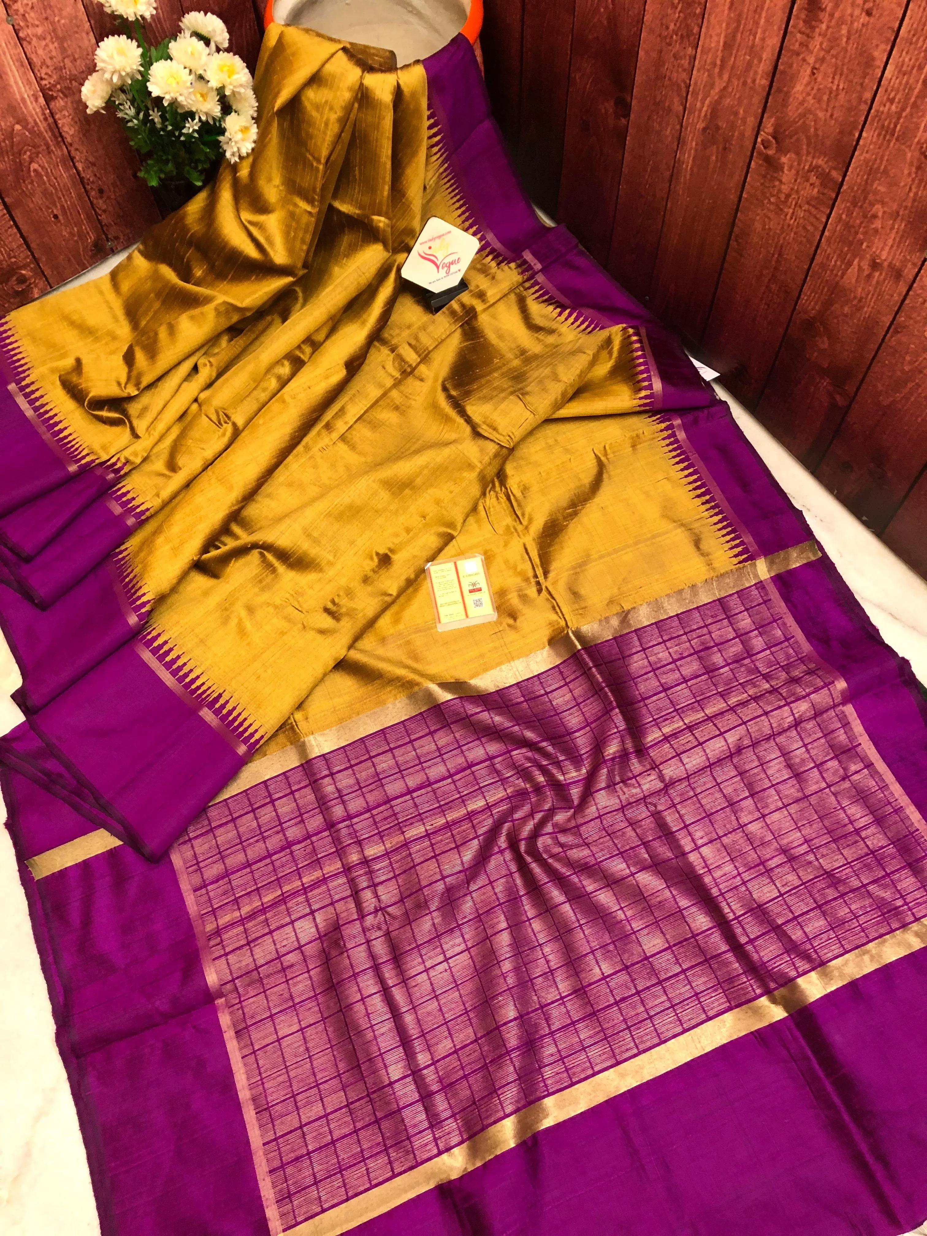 Golden and Magenta Color Raw Silk Saree