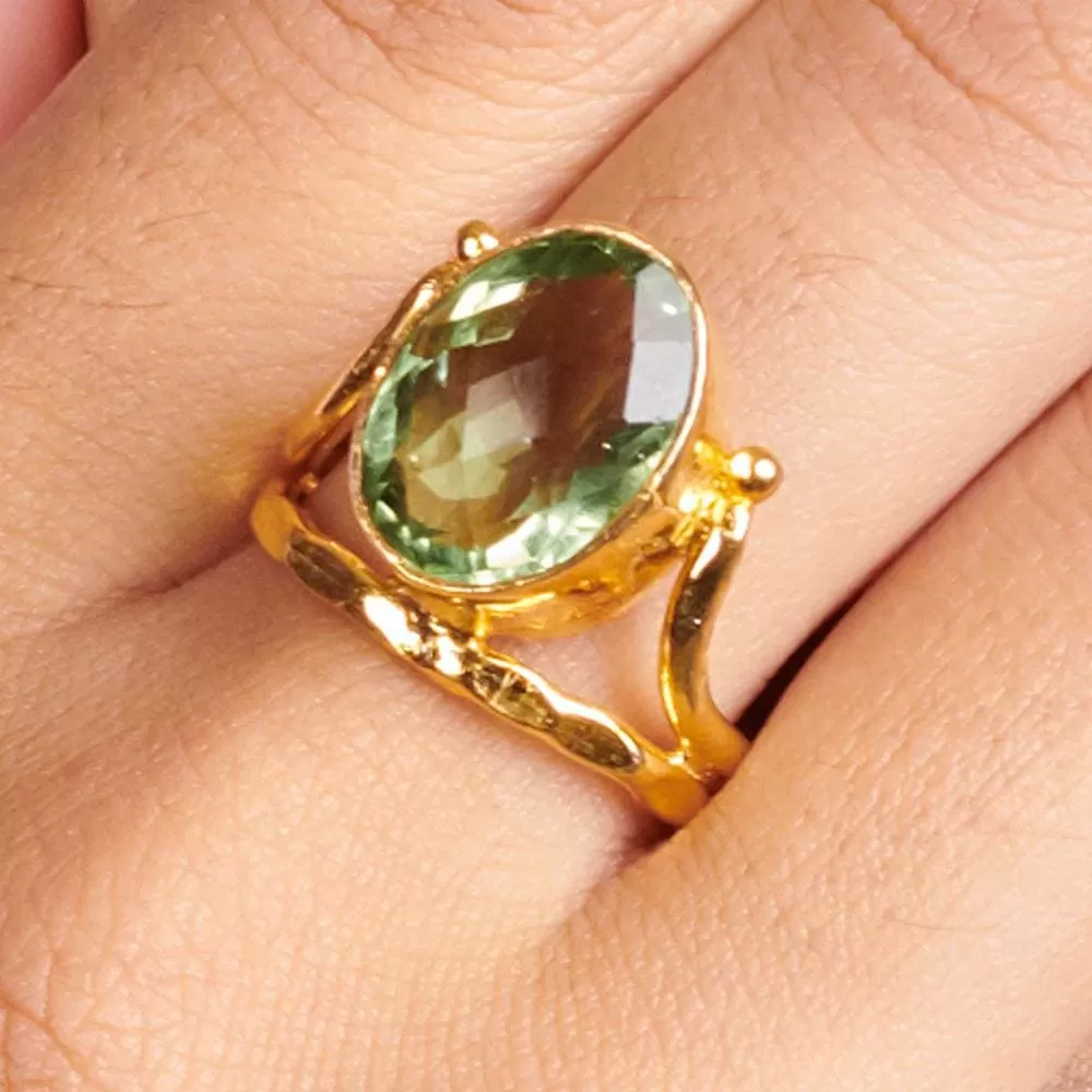 Green Amethyst 925 Sterling Silver, 18K Yellow Gold, 18K Rose Gold Filled Ring, Handmade in India, Gift Jewelry, Gemstone Ring