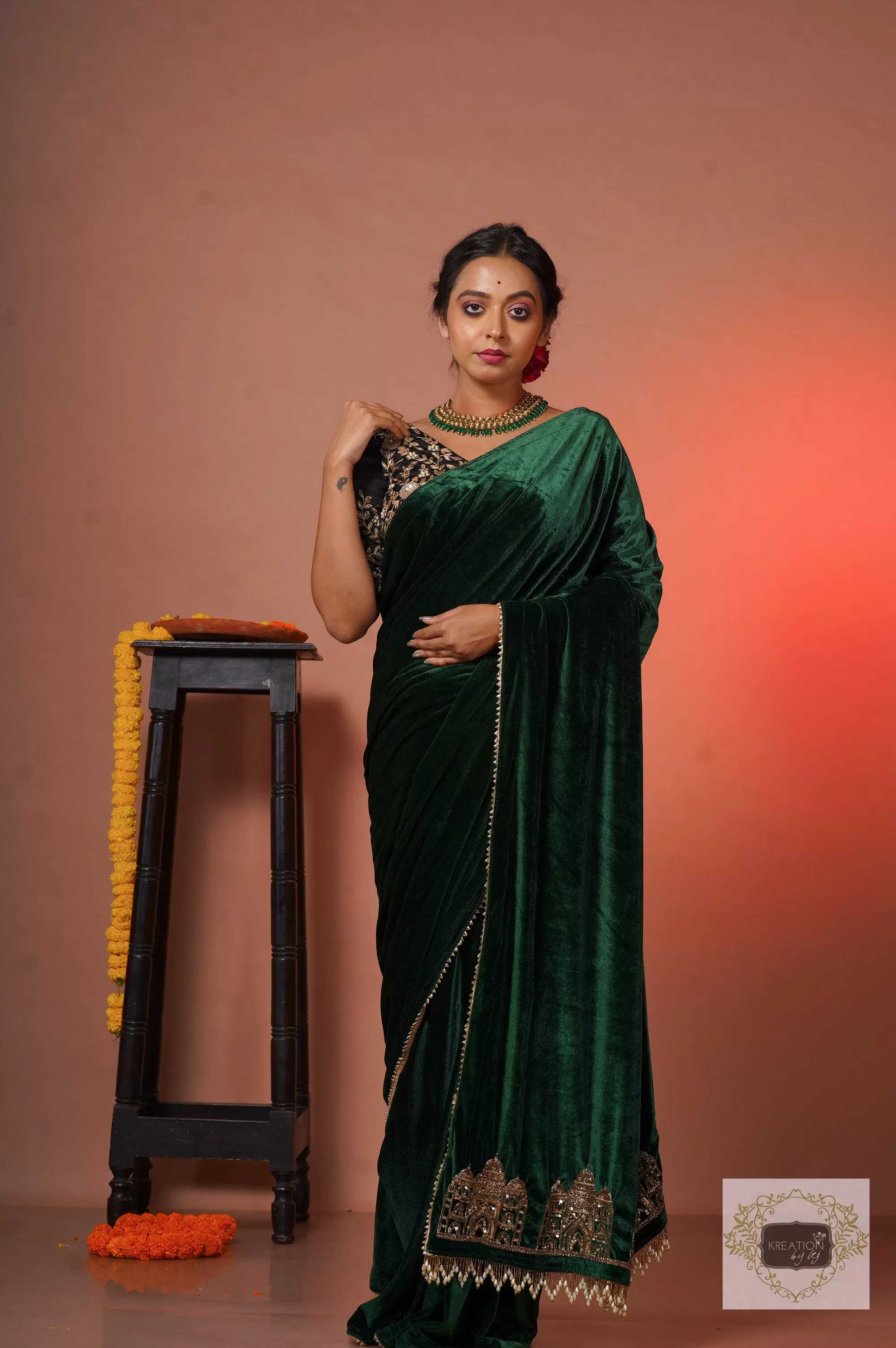 Green Velvet Taj Mahal Saree