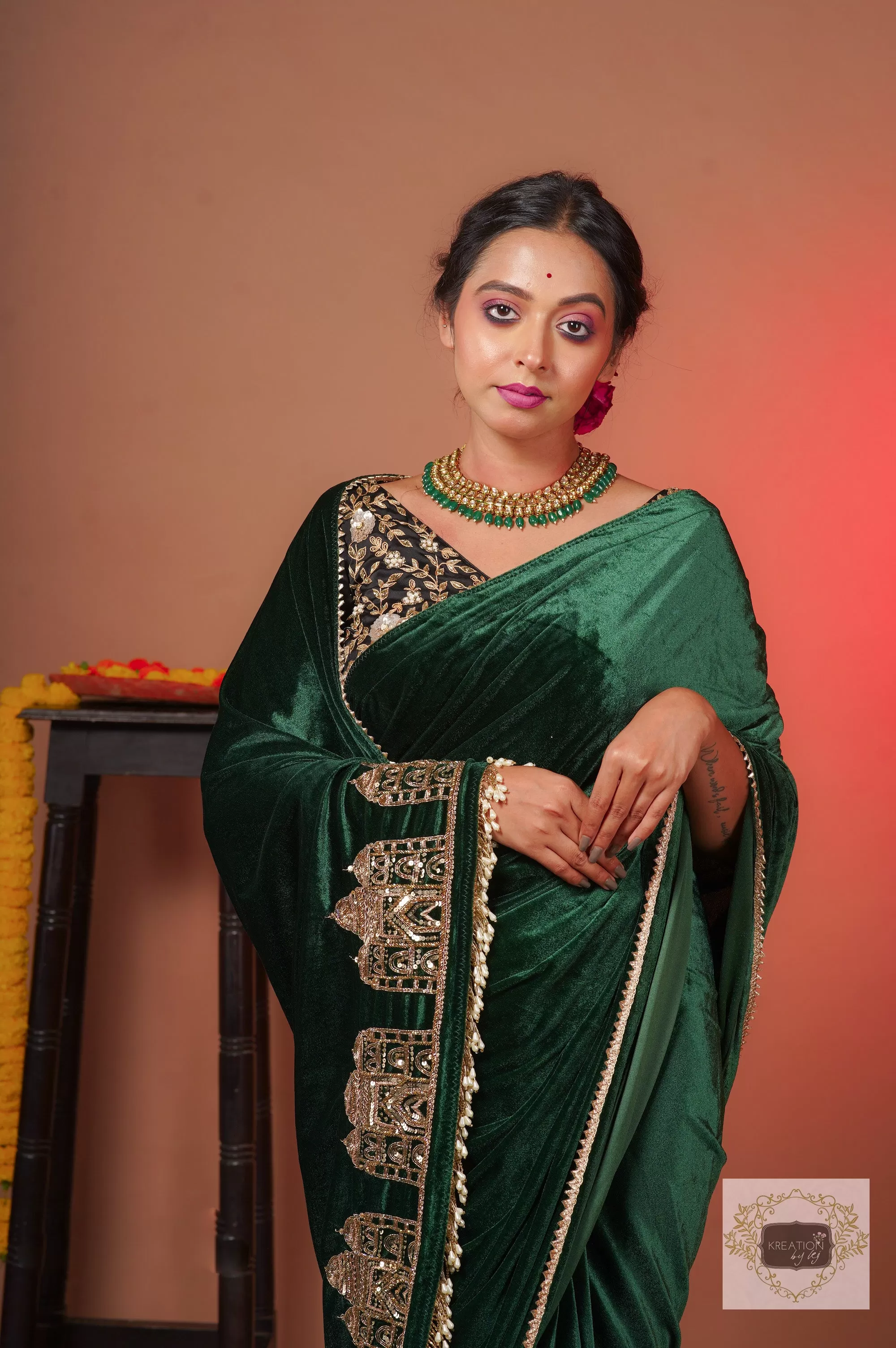 Green Velvet Taj Mahal Saree