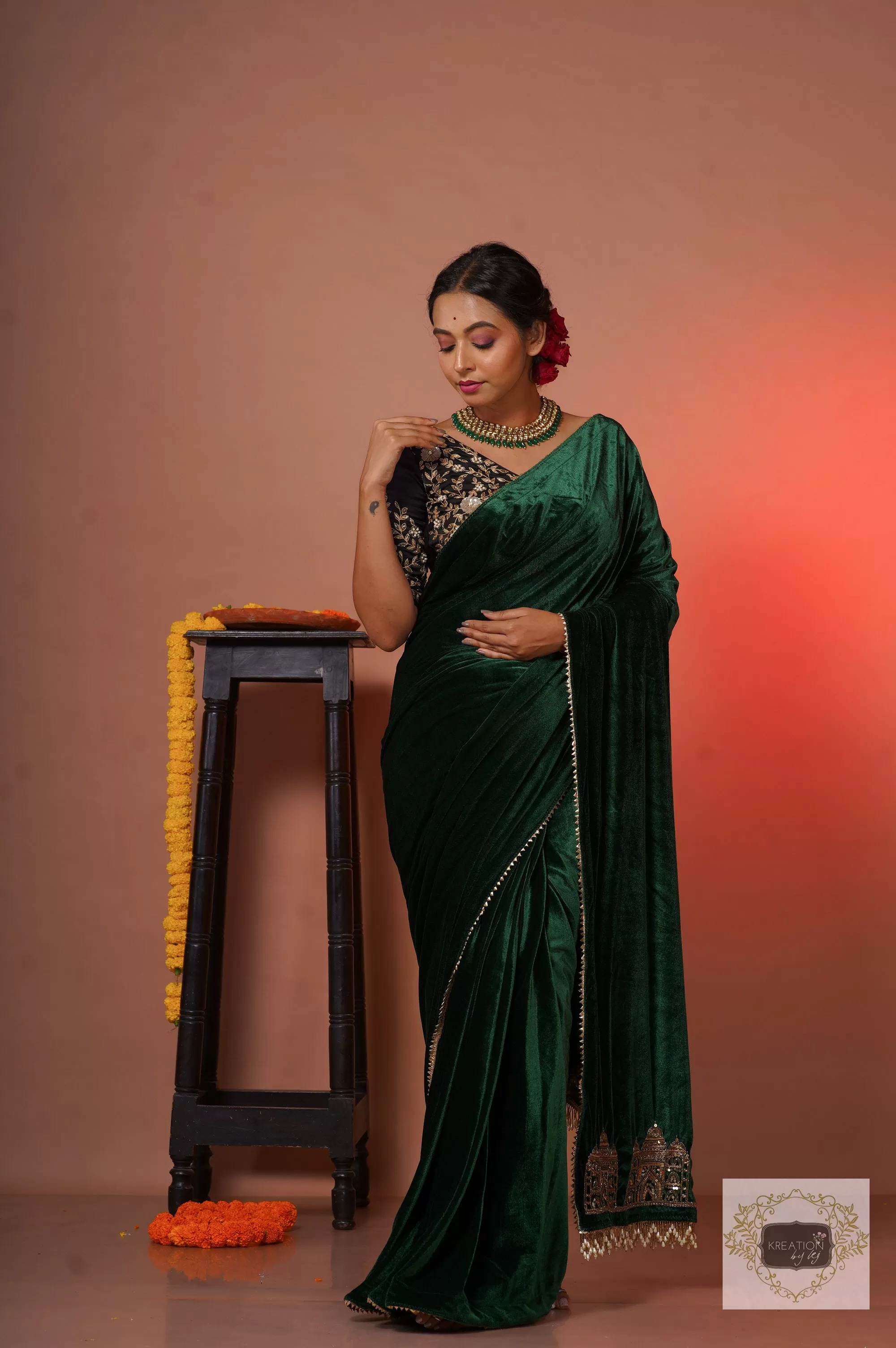 Green Velvet Taj Mahal Saree