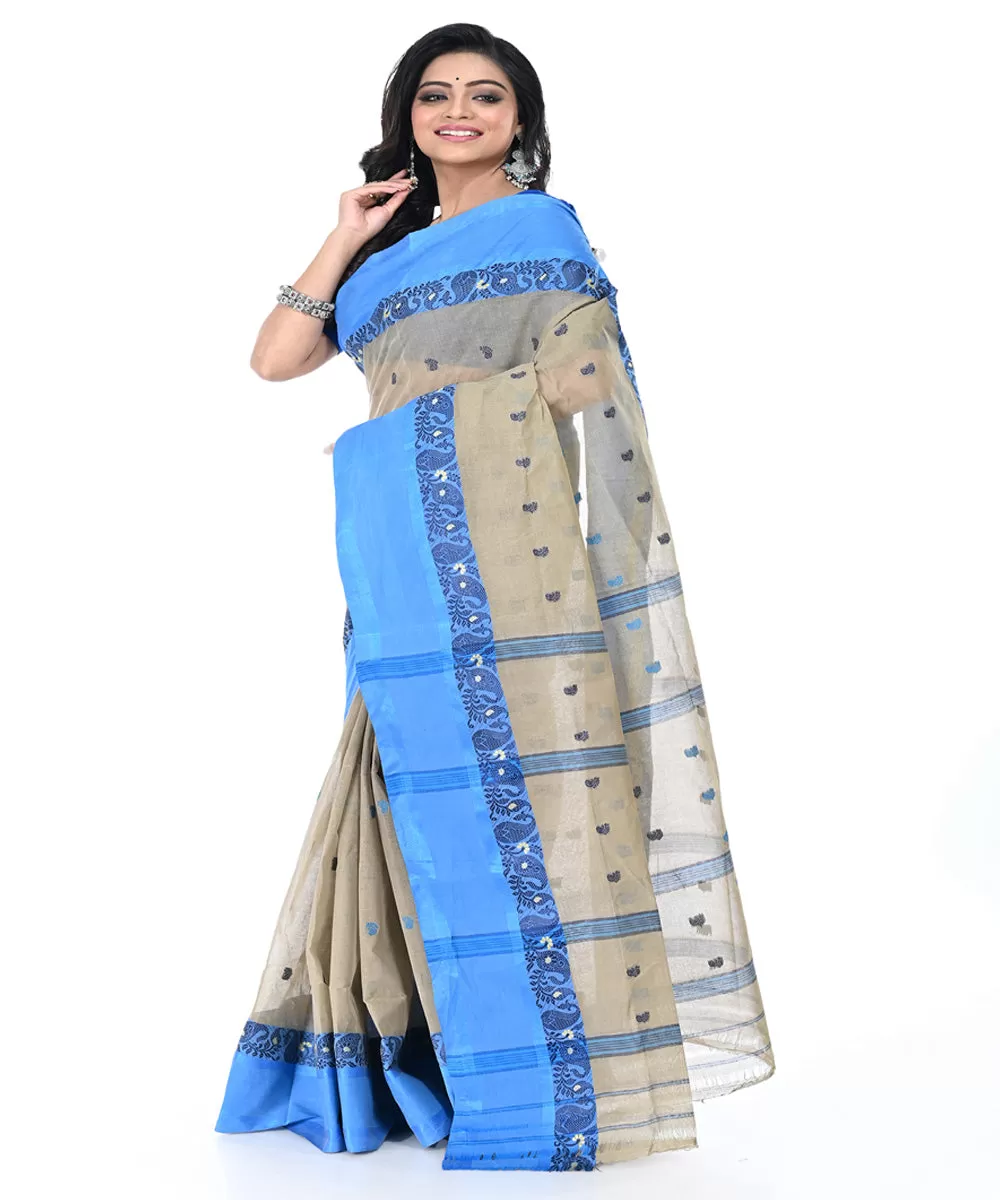 Grey blue handwoven cotton tangail saree