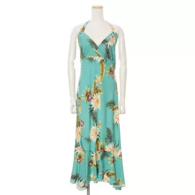 Halter Mid Length Teal Green Ceres Flower Print Hawaiian Dress