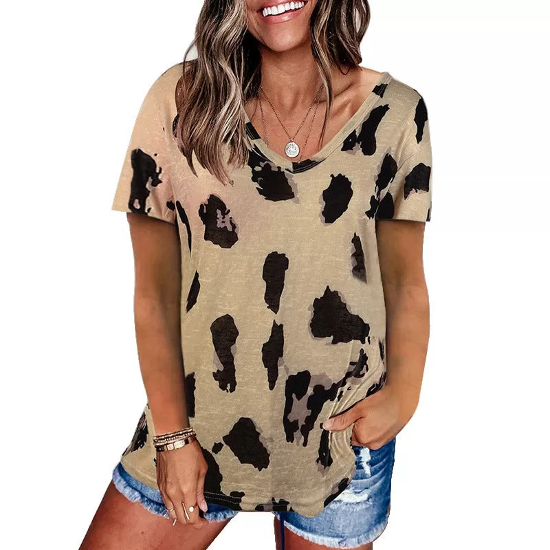 Haute Edition V-Neck Women's Leopard Print Summer CasualTopTee